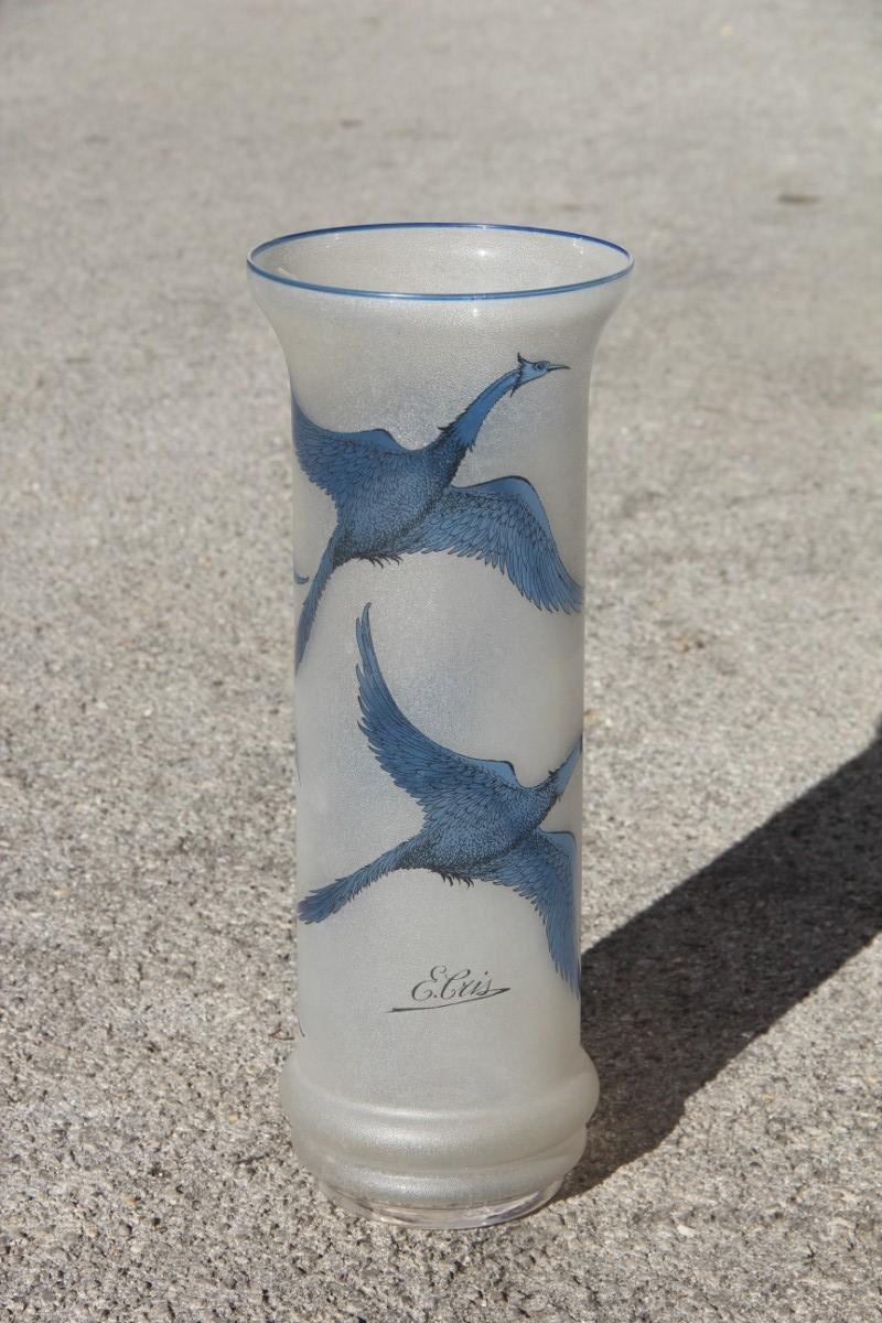 Sandblasted Glass Vase with Engraved Swans in Blue Color French Design 1970 Cris For Sale 2