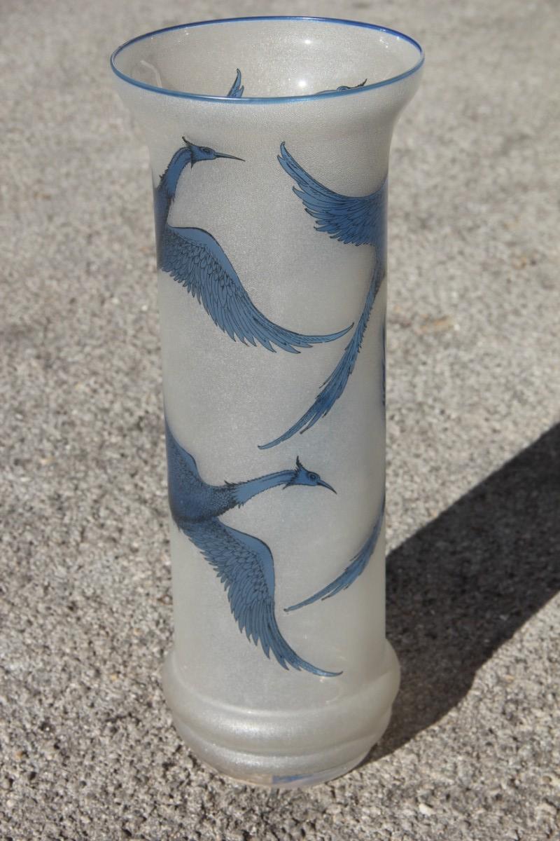 Sandblasted Glass Vase with Engraved Swans in Blue Color French Design 1970 Cris For Sale 3