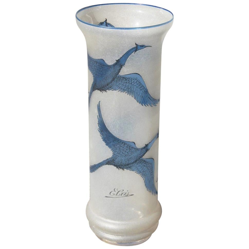 Sandblasted Glass Vase with Engraved Swans in Blue Color French Design 1970 Cris For Sale