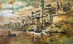 Paysage urbain, acrylique sur toile de l'artiste indien contemporain « en stock »