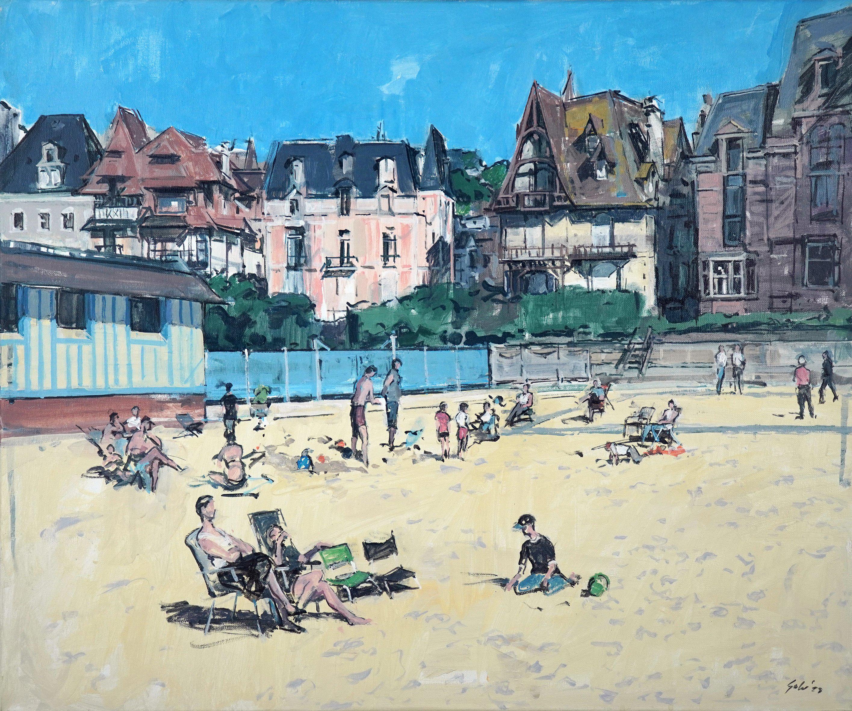 Sunny beach scene with beach houses in Trouville-sur-mer (France) - Painting by Sander van Walsum