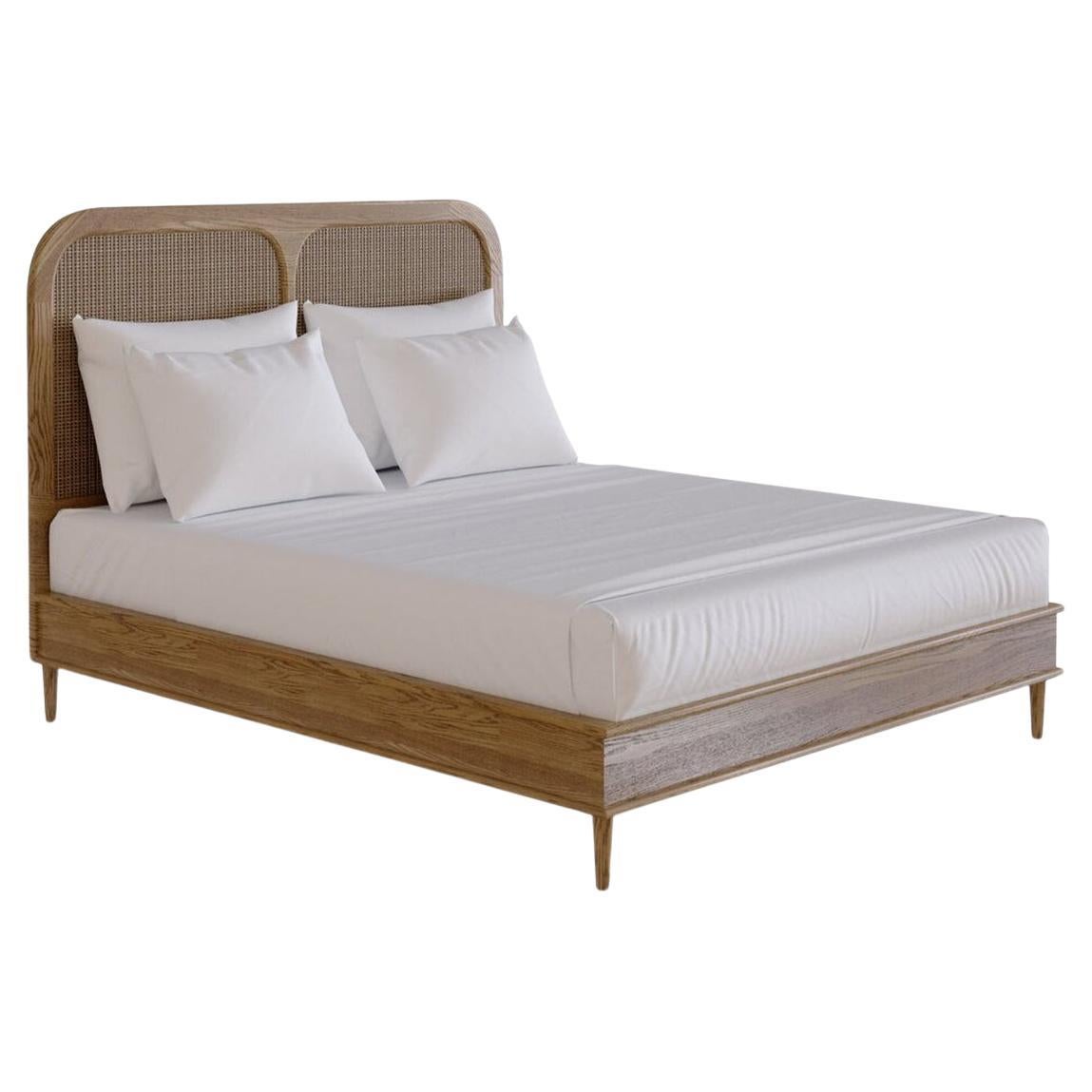 Sanders Bed in Oak and Rattan — Euro Double For Sale