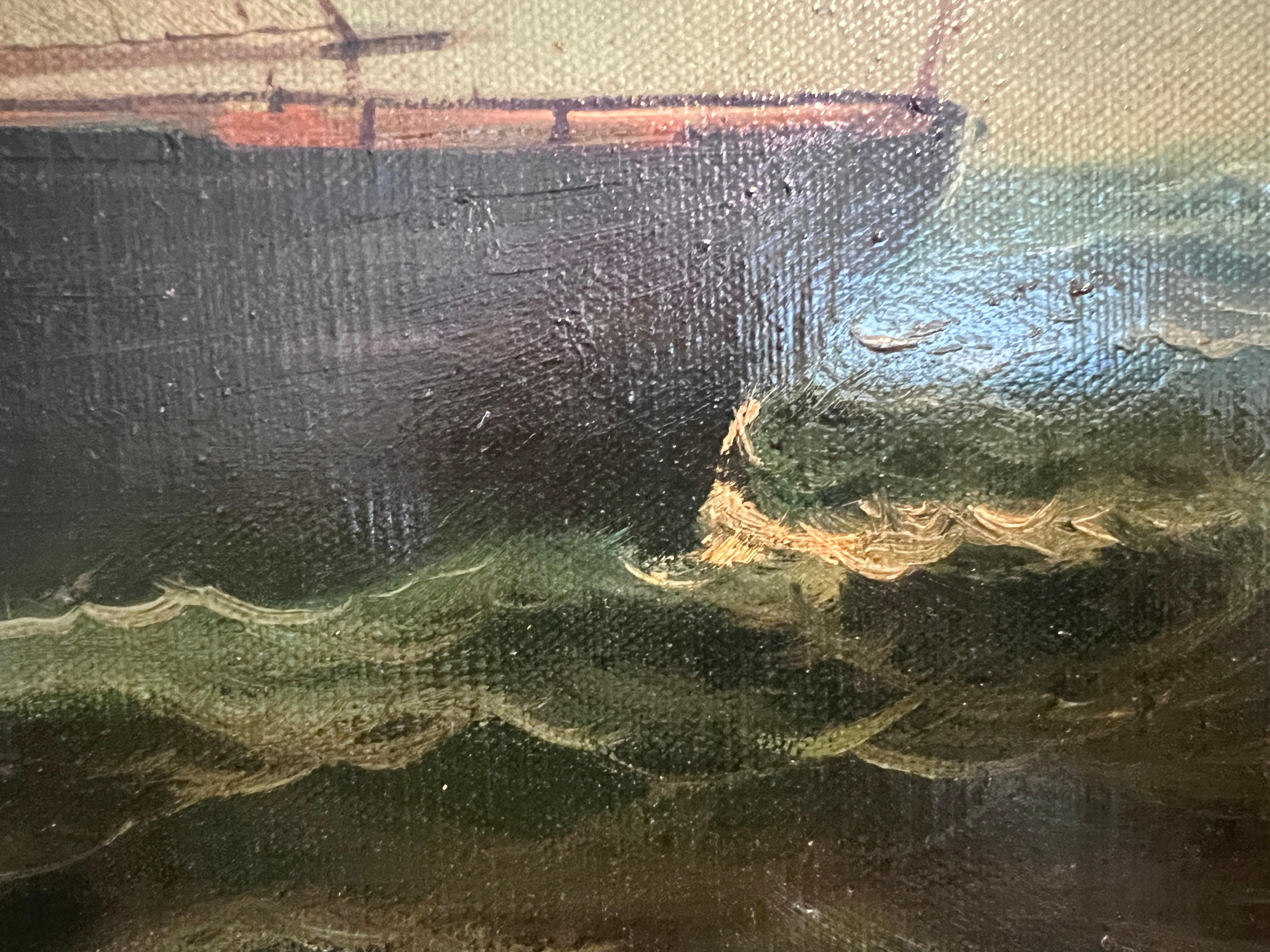 Peinture à l'huile maritime ancienne, signée Sanders Large Encadré Art nautique en vente 9