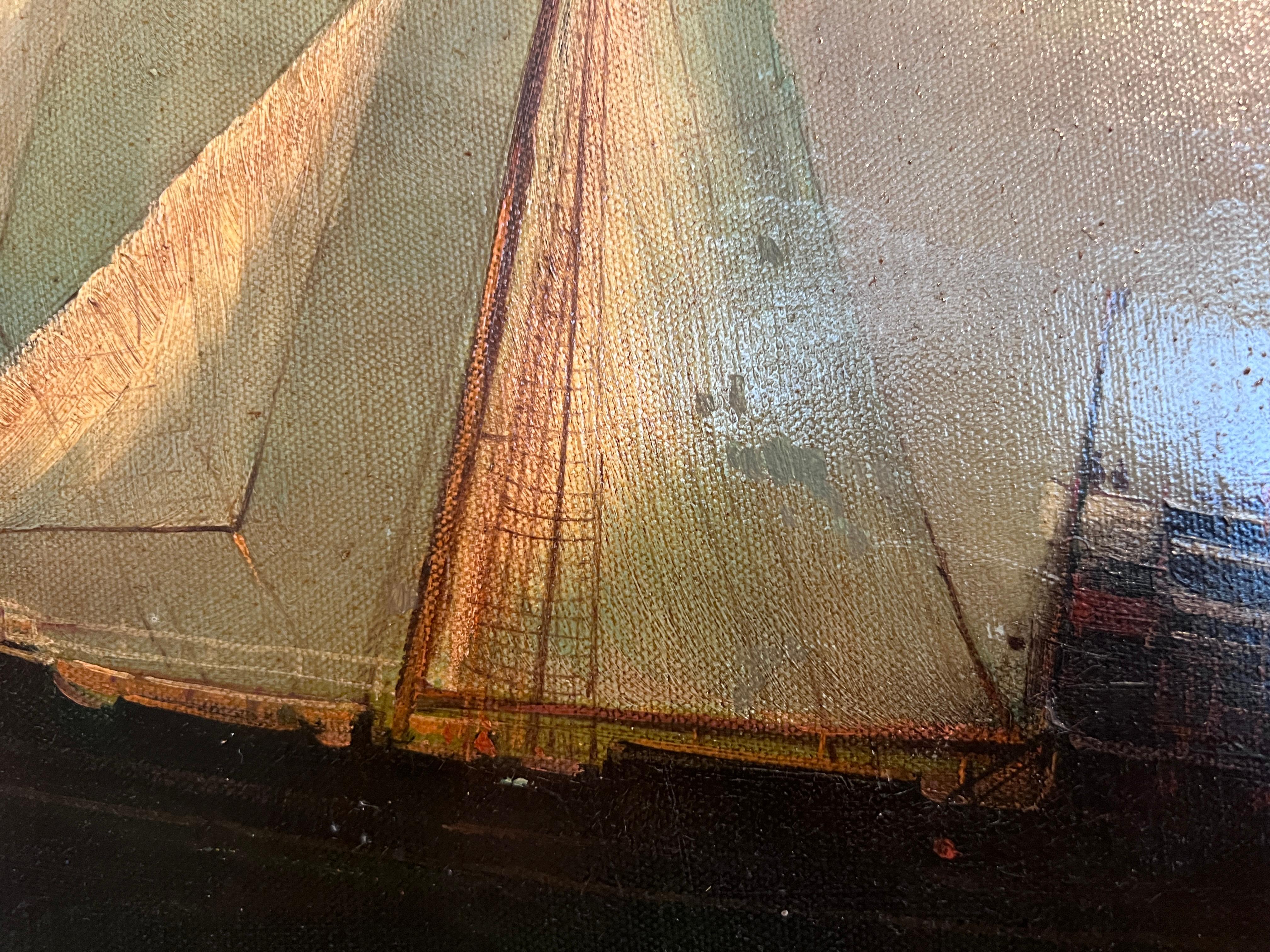 Peinture à l'huile maritime ancienne, signée Sanders Large Encadré Art nautique en vente 10