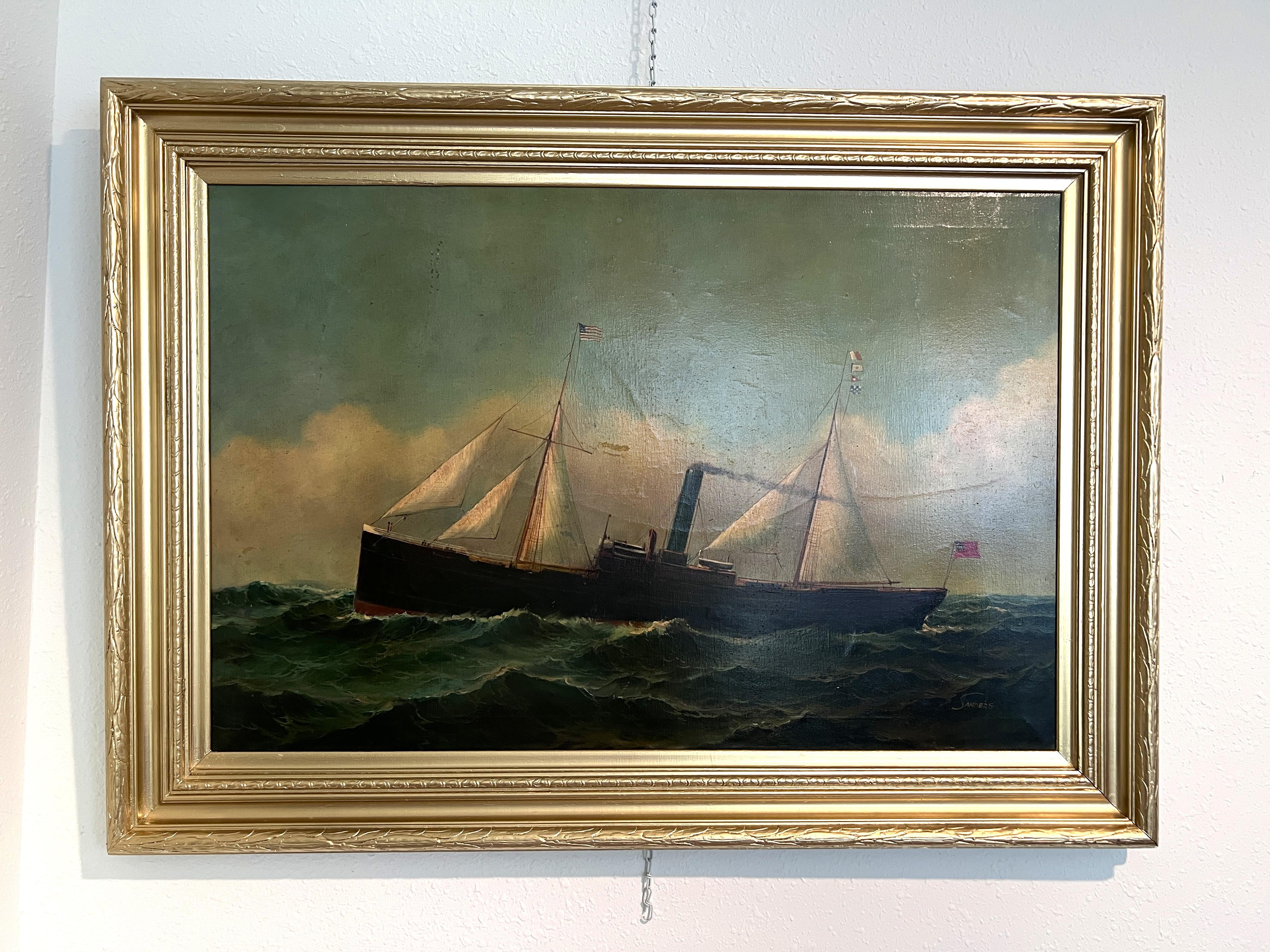 Peinture à l'huile maritime ancienne, signée Sanders Large Encadré Art nautique en vente 1