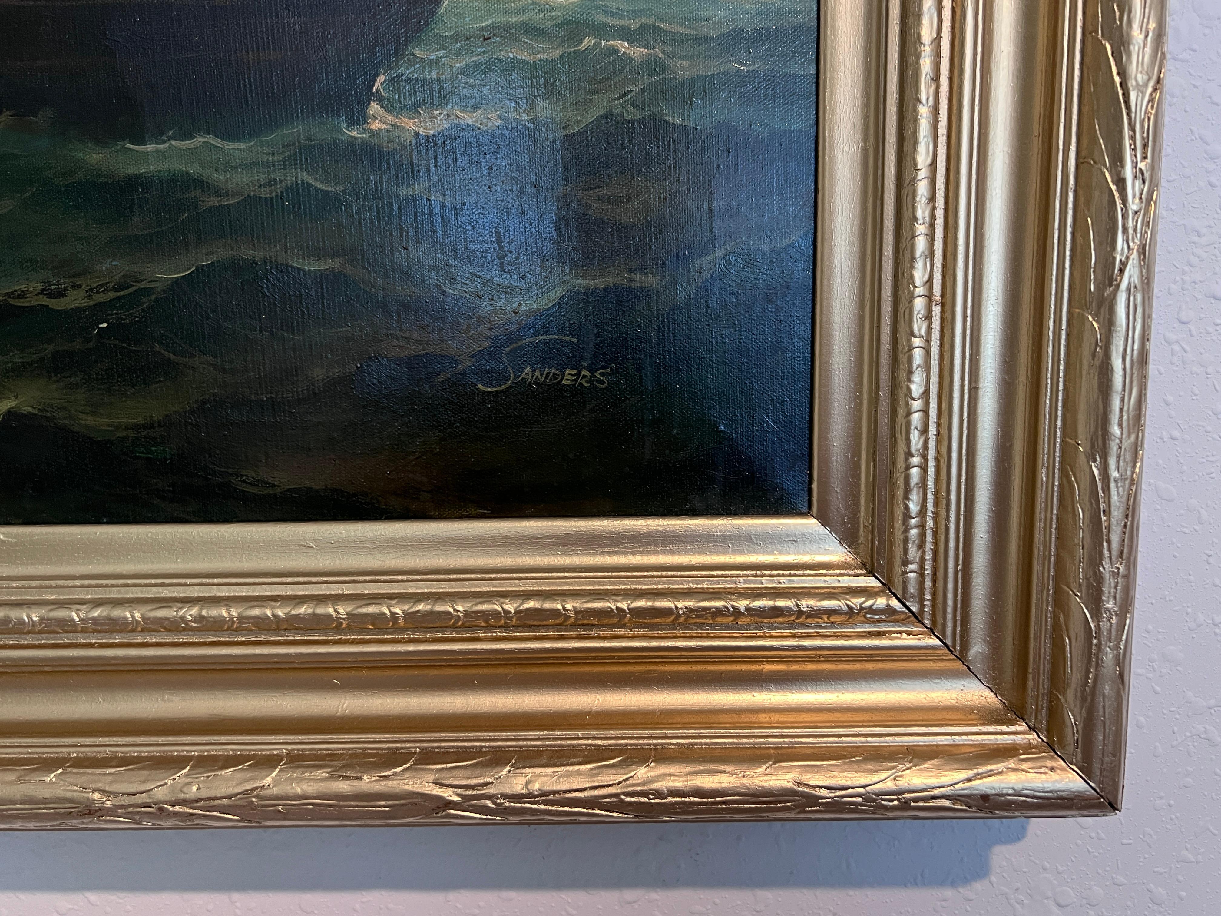 Peinture à l'huile maritime ancienne, signée Sanders Large Encadré Art nautique en vente 3