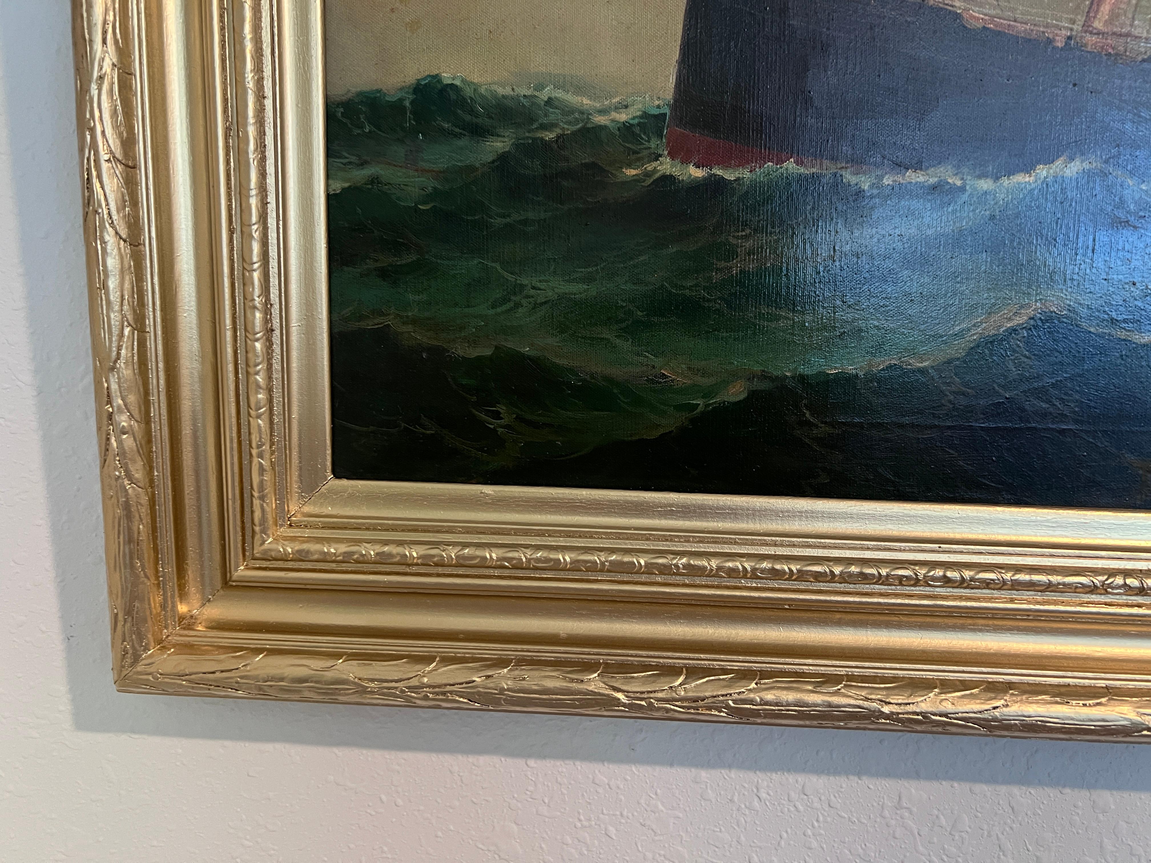 Peinture à l'huile maritime ancienne, signée Sanders Large Encadré Art nautique en vente 4