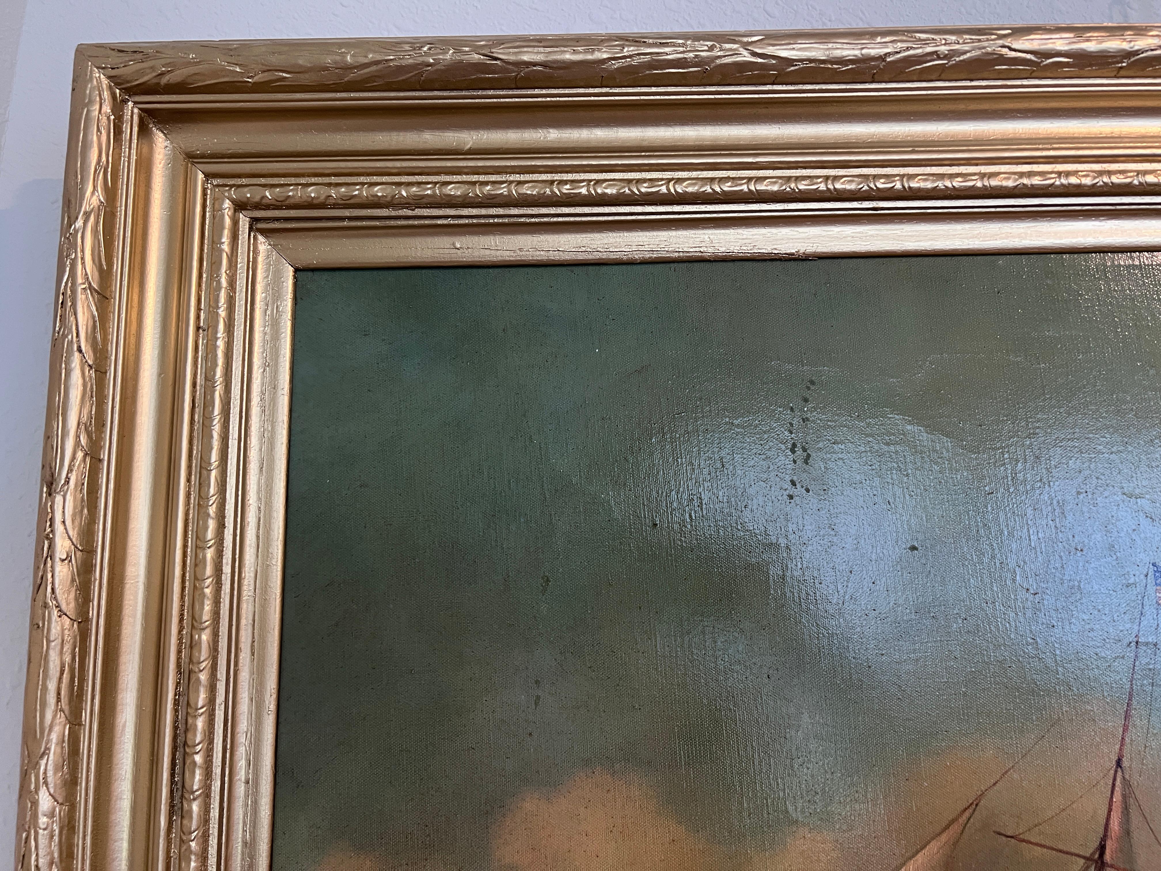 Peinture à l'huile maritime ancienne, signée Sanders Large Encadré Art nautique en vente 5