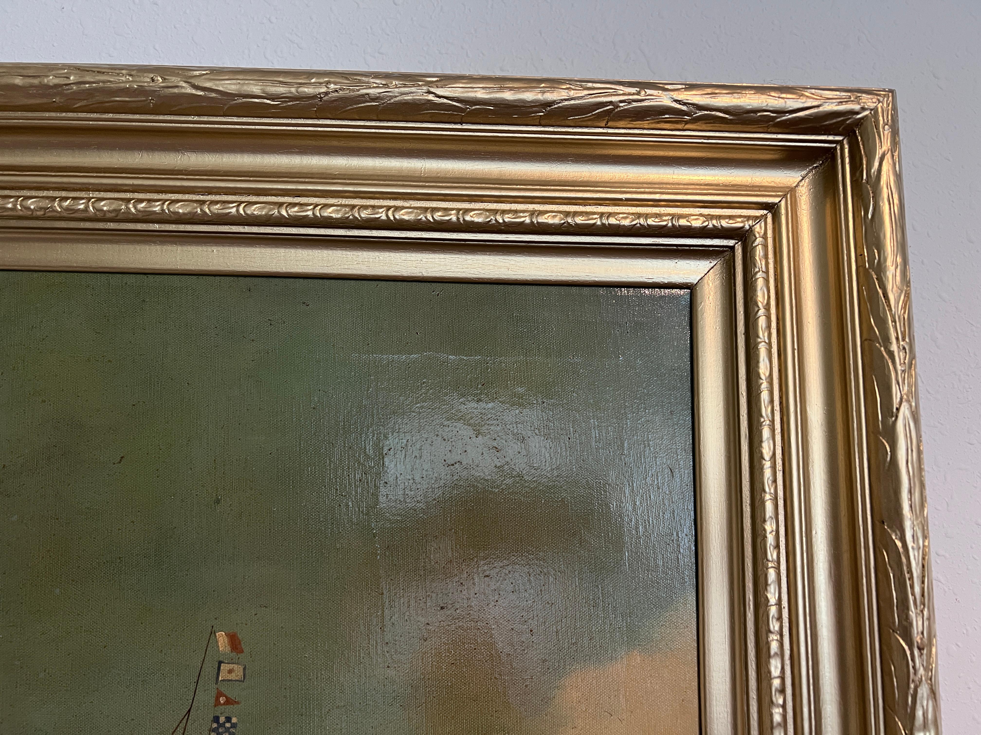 Peinture à l'huile maritime ancienne, signée Sanders Large Encadré Art nautique en vente 6