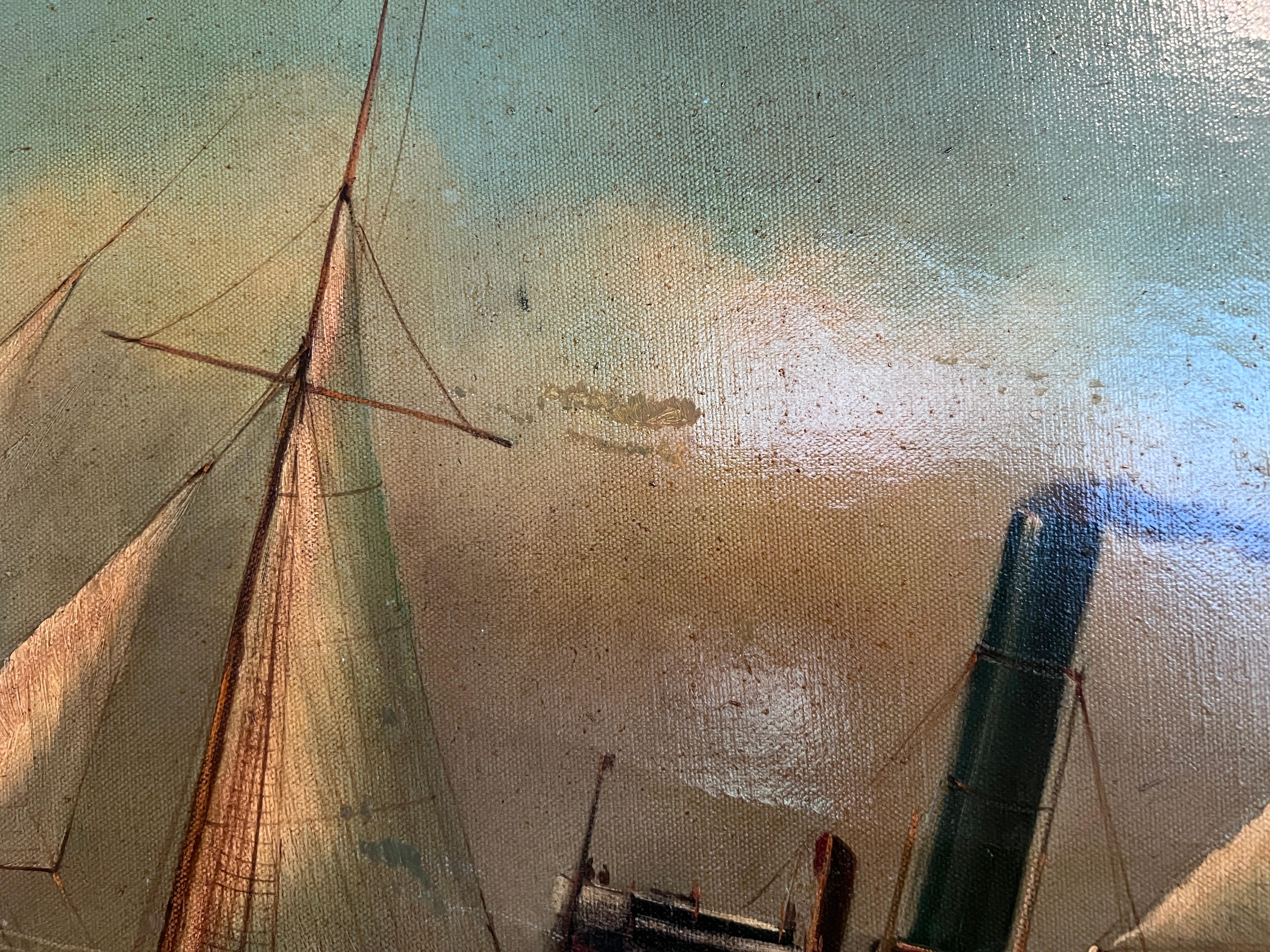 Peinture à l'huile maritime ancienne, signée Sanders Large Encadré Art nautique en vente 8