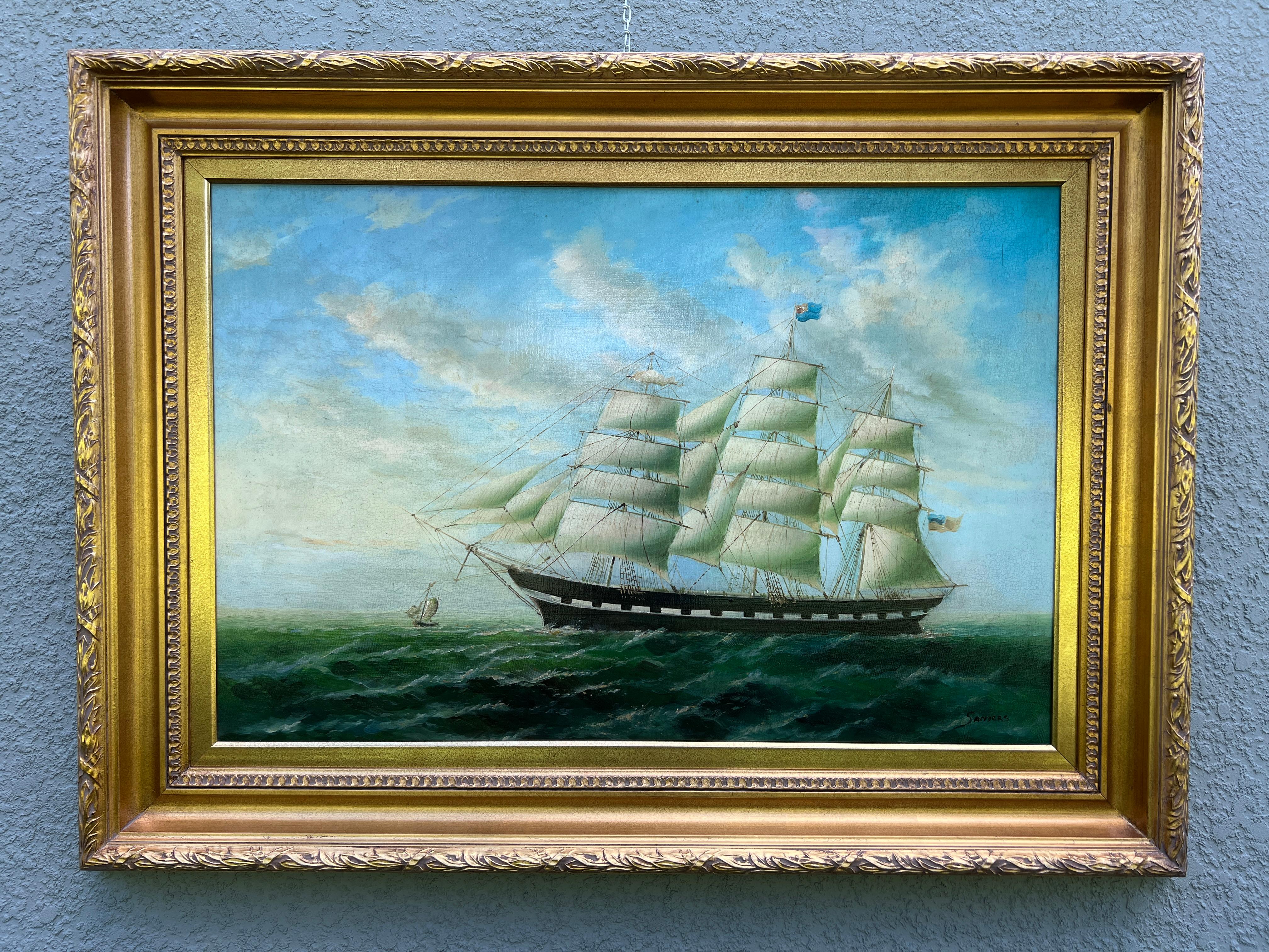 Large Vintage Maritime Oil Painting Clipper Ship Signed Sanders, Gorgeous Frame For Sale 1