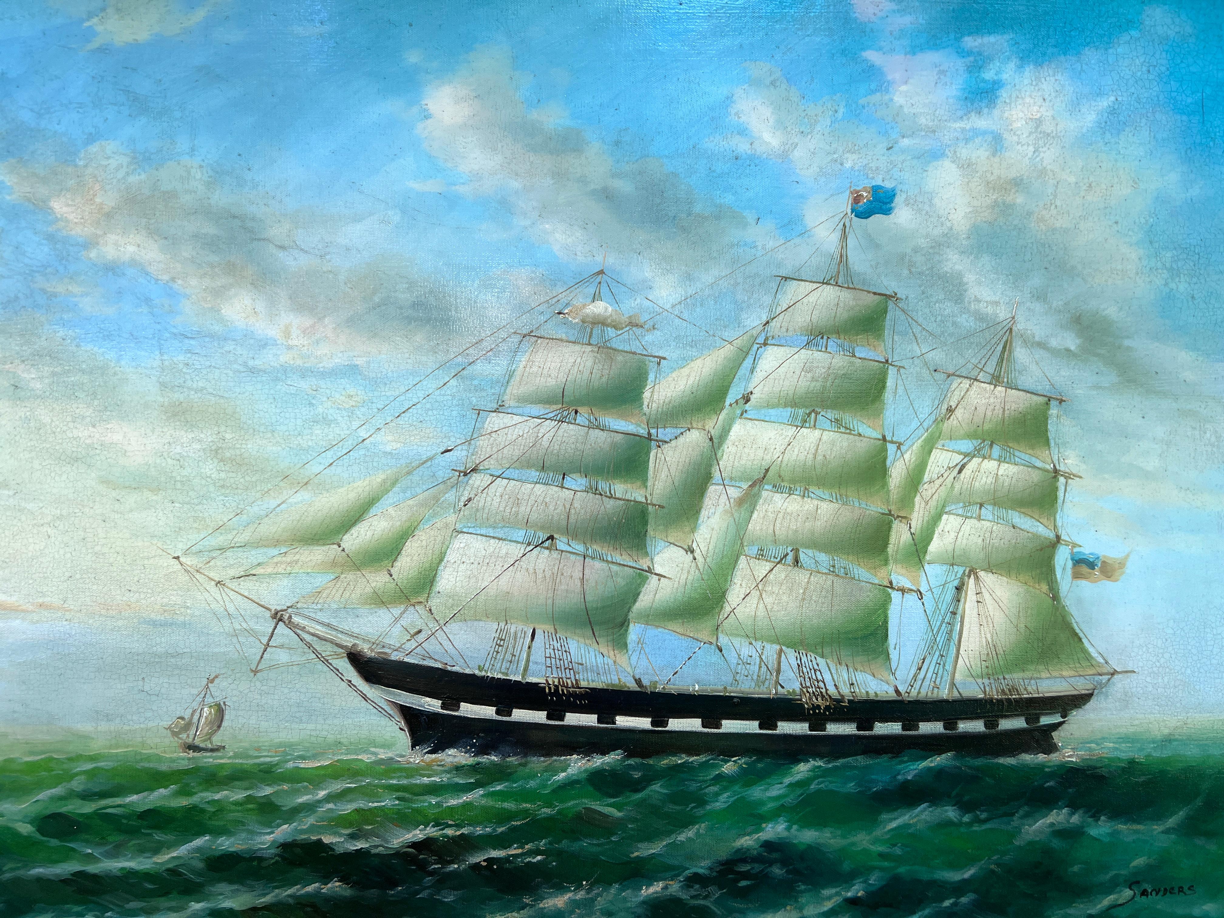 Large Vintage Maritime Oil Painting Clipper Ship Signed Sanders, Gorgeous Frame For Sale 2
