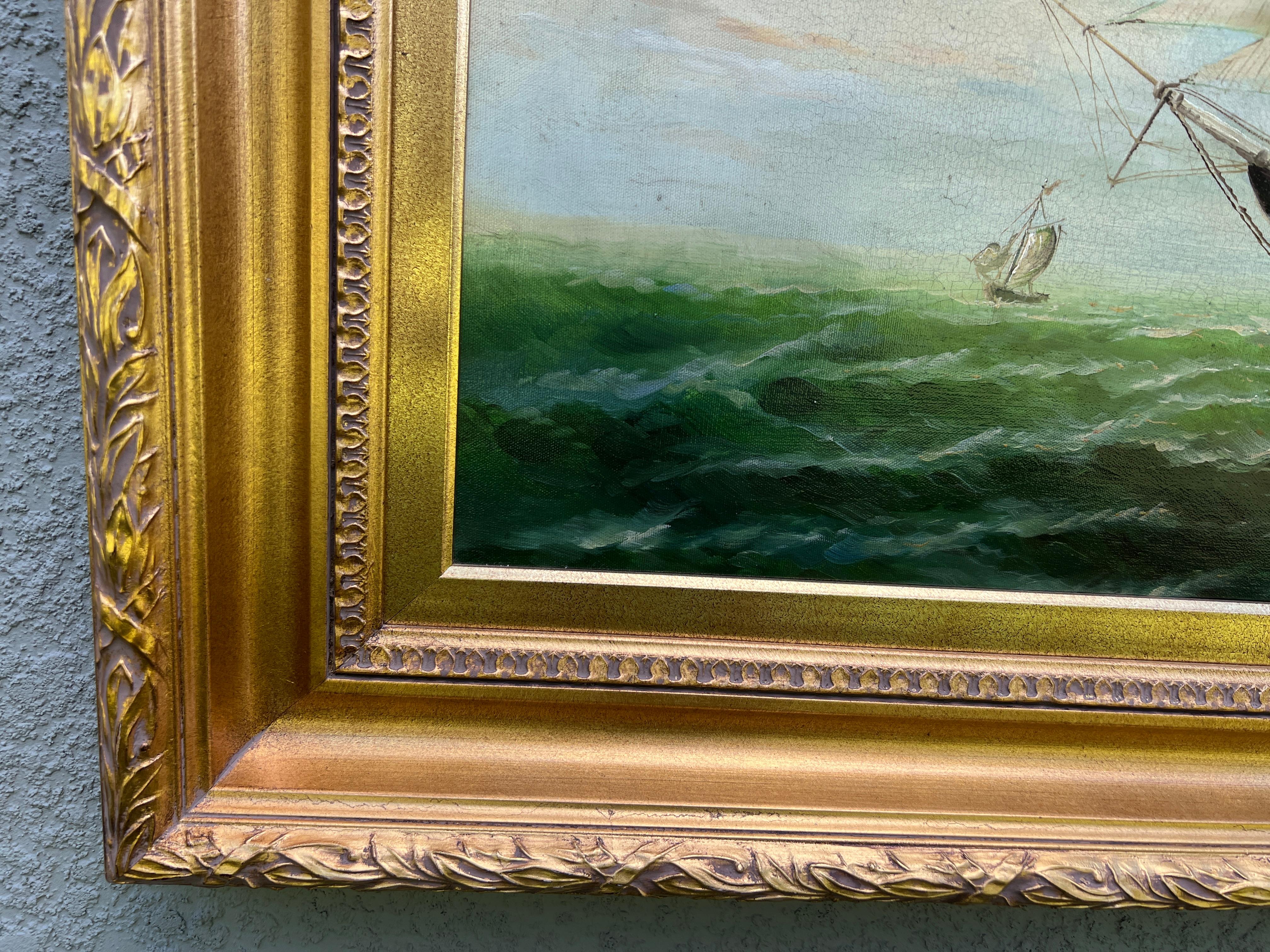 Large Vintage Maritime Oil Painting Clipper Ship Signed Sanders, Gorgeous Frame For Sale 3