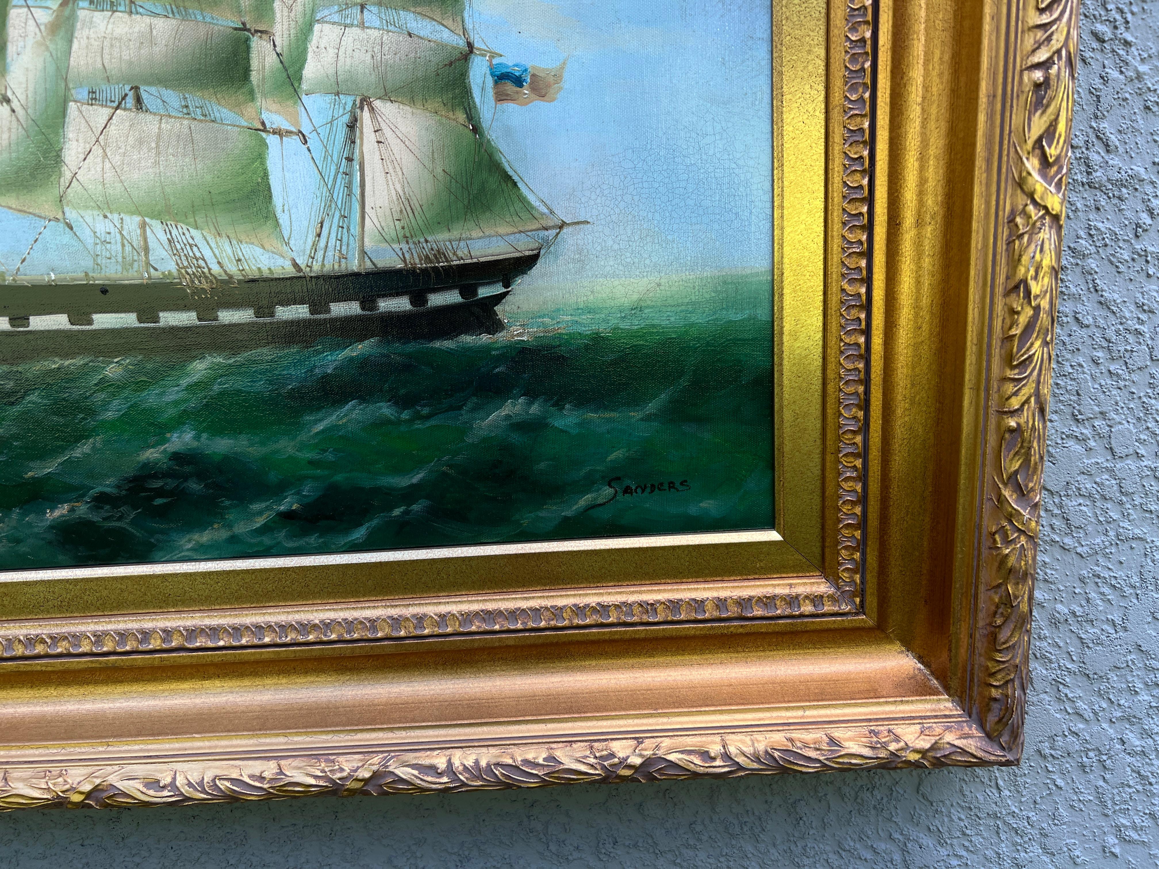 Large Vintage Maritime Oil Painting Clipper Ship Signed Sanders, Gorgeous Frame For Sale 5