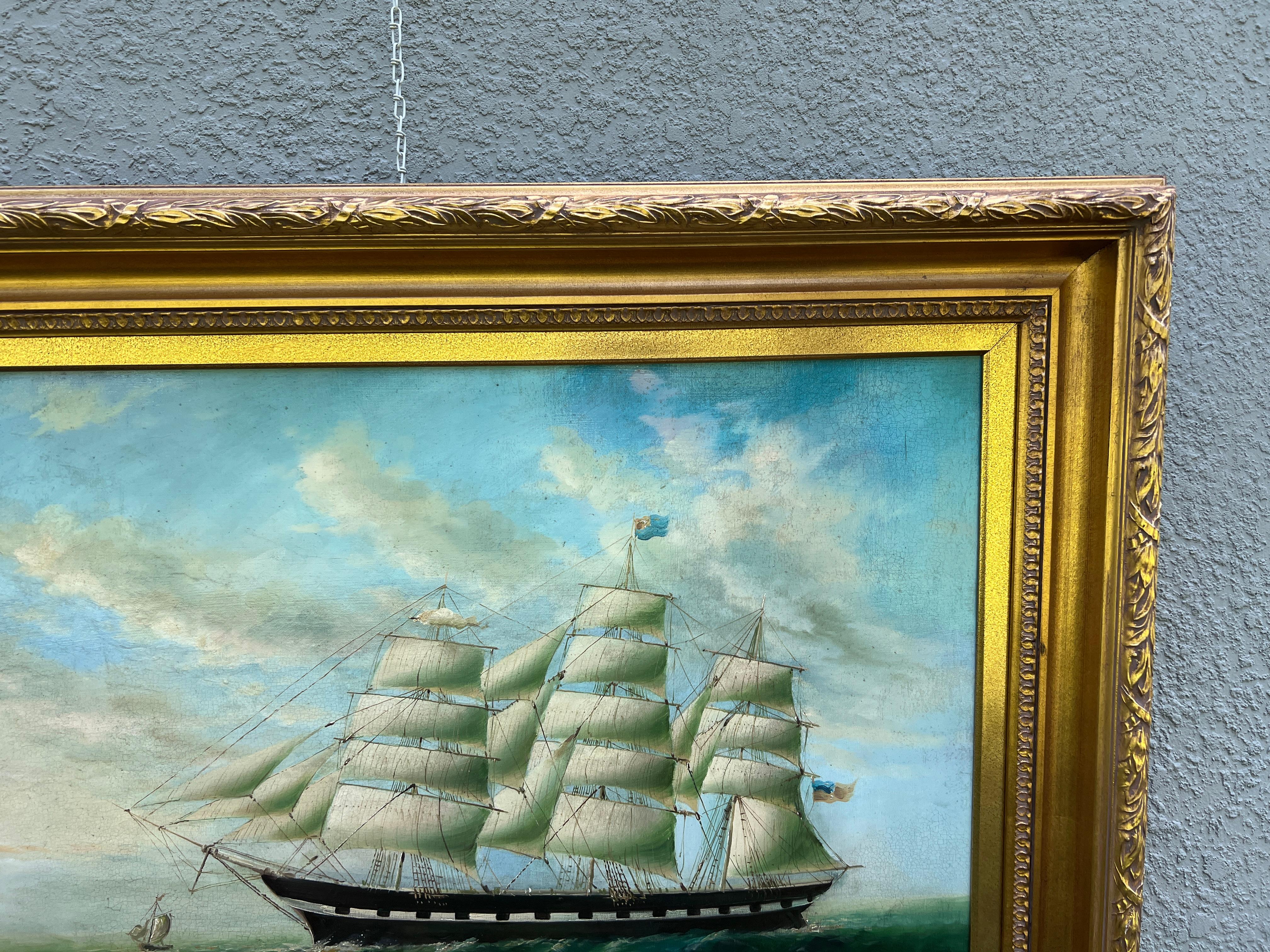 Large Vintage Maritime Oil Painting Clipper Ship Signed Sanders, Gorgeous Frame For Sale 6