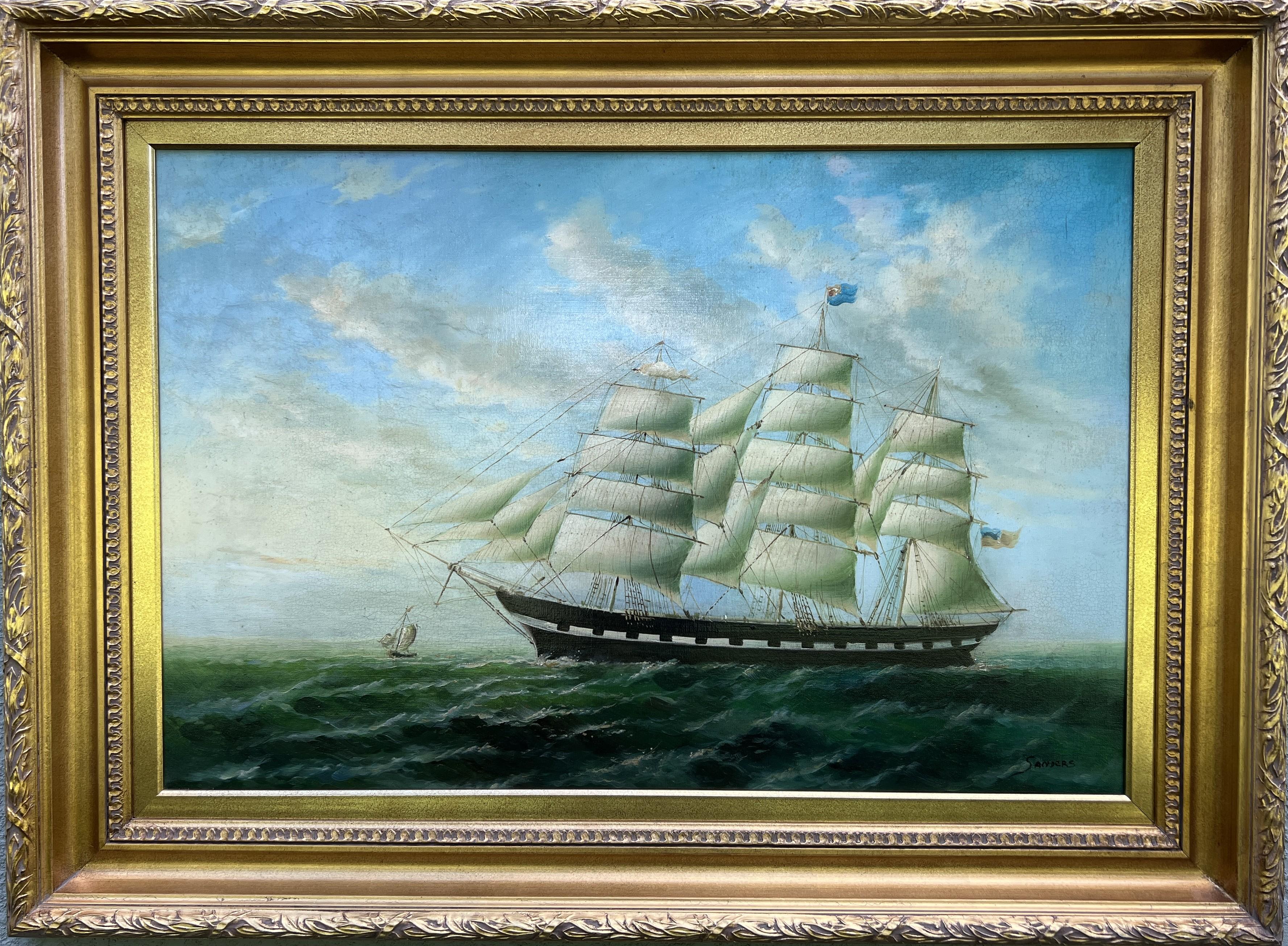 This is a stunning vintage maritime oil painting on canvas, signed Sanders, featuring a majestic clipper ship sailing through choppy green-blue waters under a bright blue sky. The composition, brushwork, and use of color reflect skilled