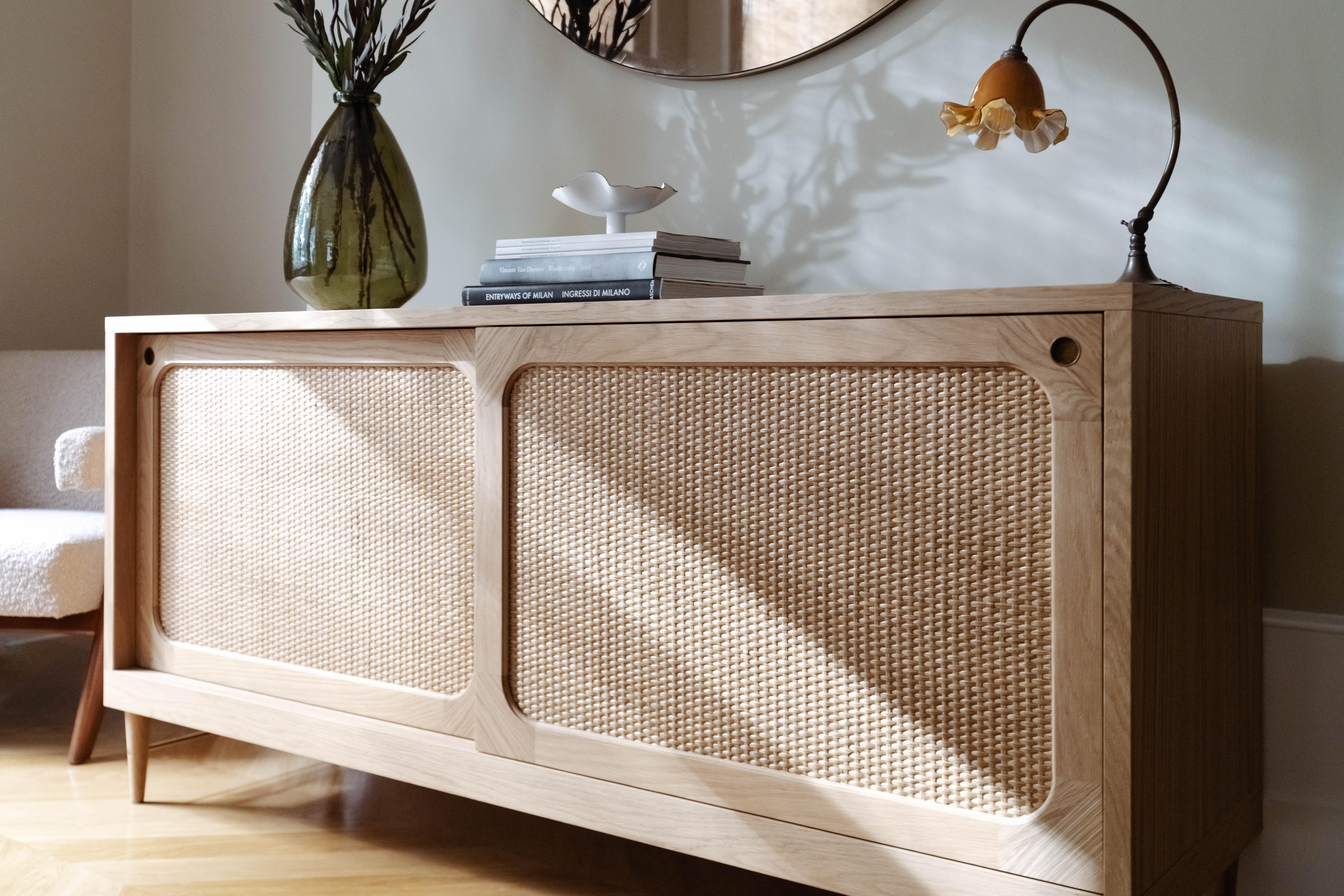 Art Deco Sanders Sideboard by Lind + Almond in Natural Oak and Rattan (Small)
