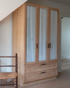 Mid-Century Modern Danish Sanders Wardrobe in Oak, Brass, Leather — Large