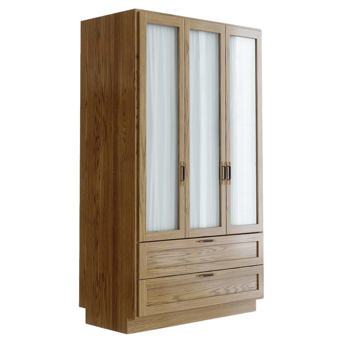 Sanders Wardrobe in Natural Oak, Brass and Leather — Large