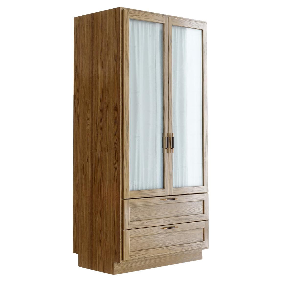 Sanders Wardrobe in Natural Oak, Brass and Leather — Medium