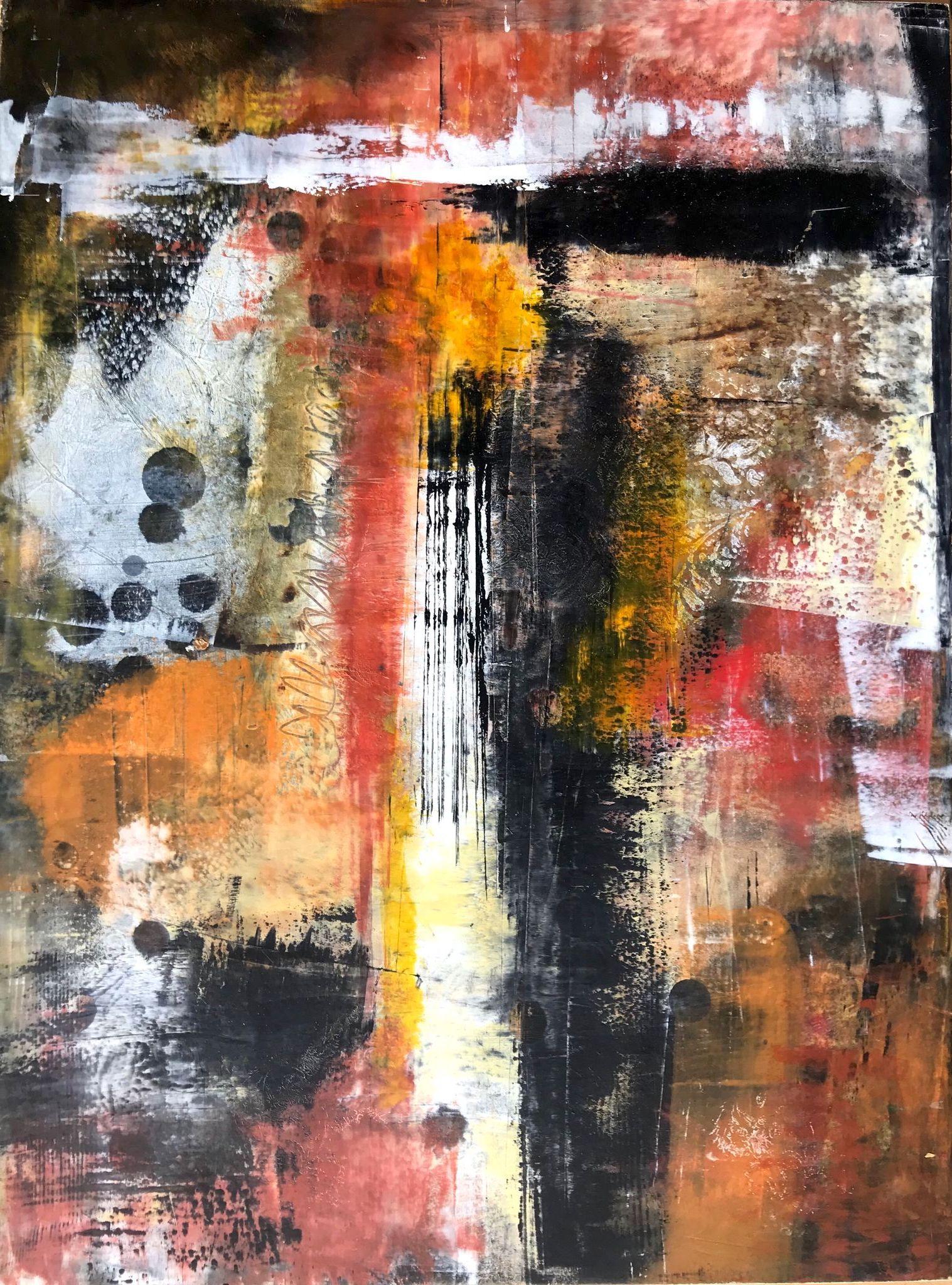 This 16 x 12 inch piece by Sandi Neiman is a dynamic composition featuring red, orange, yellow, black and white. The piece is executed in cold wax on wood panel. Neiman is a therapist by trade and integrates her experience into her art. She