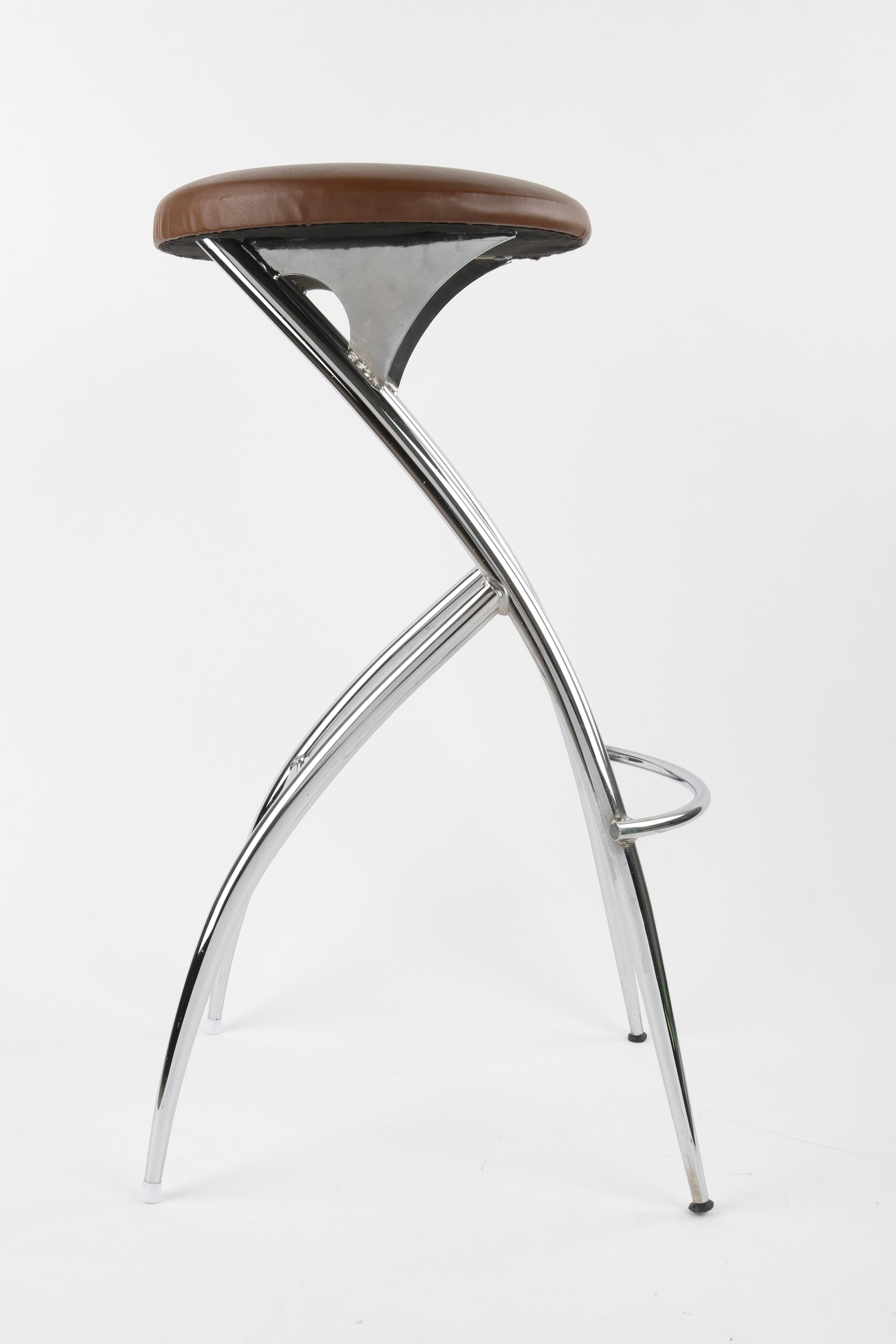 Sandler Seating c.1990s Chrome Upholstered Architectural Curved Bar Stools Set For Sale 1