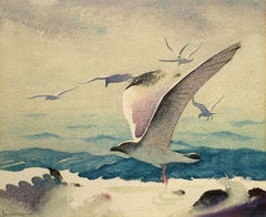 "In Flight," Sandor Bernath, Modernist watercolor of seagulls over the ocean