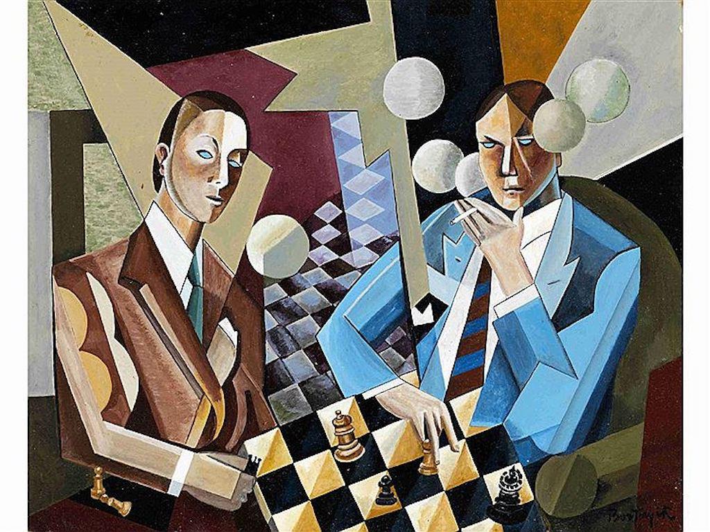 Sandor Bortnyik Figurative Painting - "Chess Players" Hungarian Modernism Futurism Art Deco Cubism Avant Garde Smokers