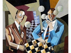 "Chess Players" Hungarian Modernism Futurism Art Deco Cubism Avant Garde Smokers