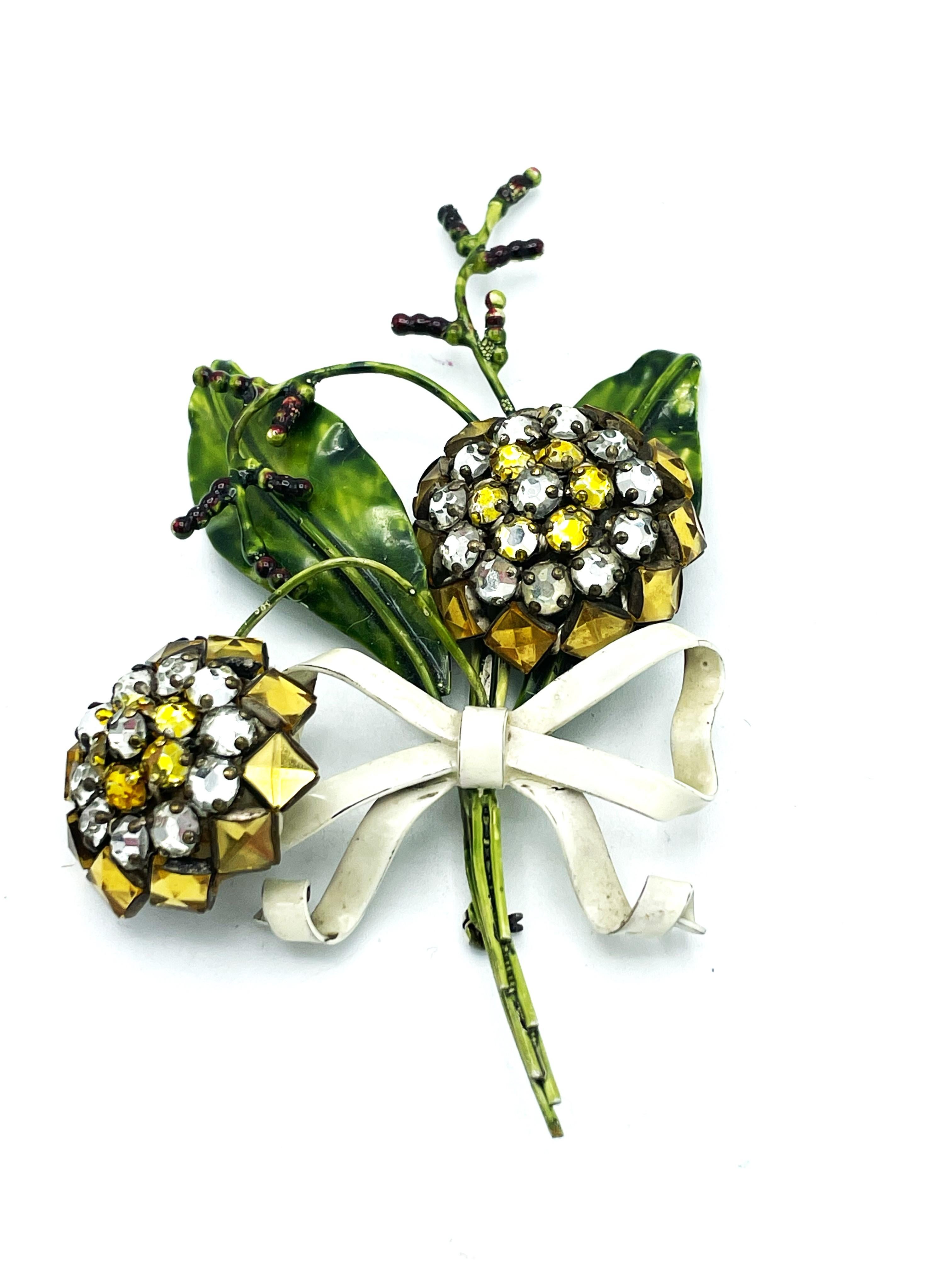 Collectible bouquet brooch, sterling silver, enamal, crystal flowers by SANDOR GOLDBERG. Sandor Jewelry is scare in the market place today. 
SANDOR GOLDBERG Jewelry foundet in 1938 New York 

Dimensions
Height 10 cm 
Width 5.5cm 
Depth 1.5