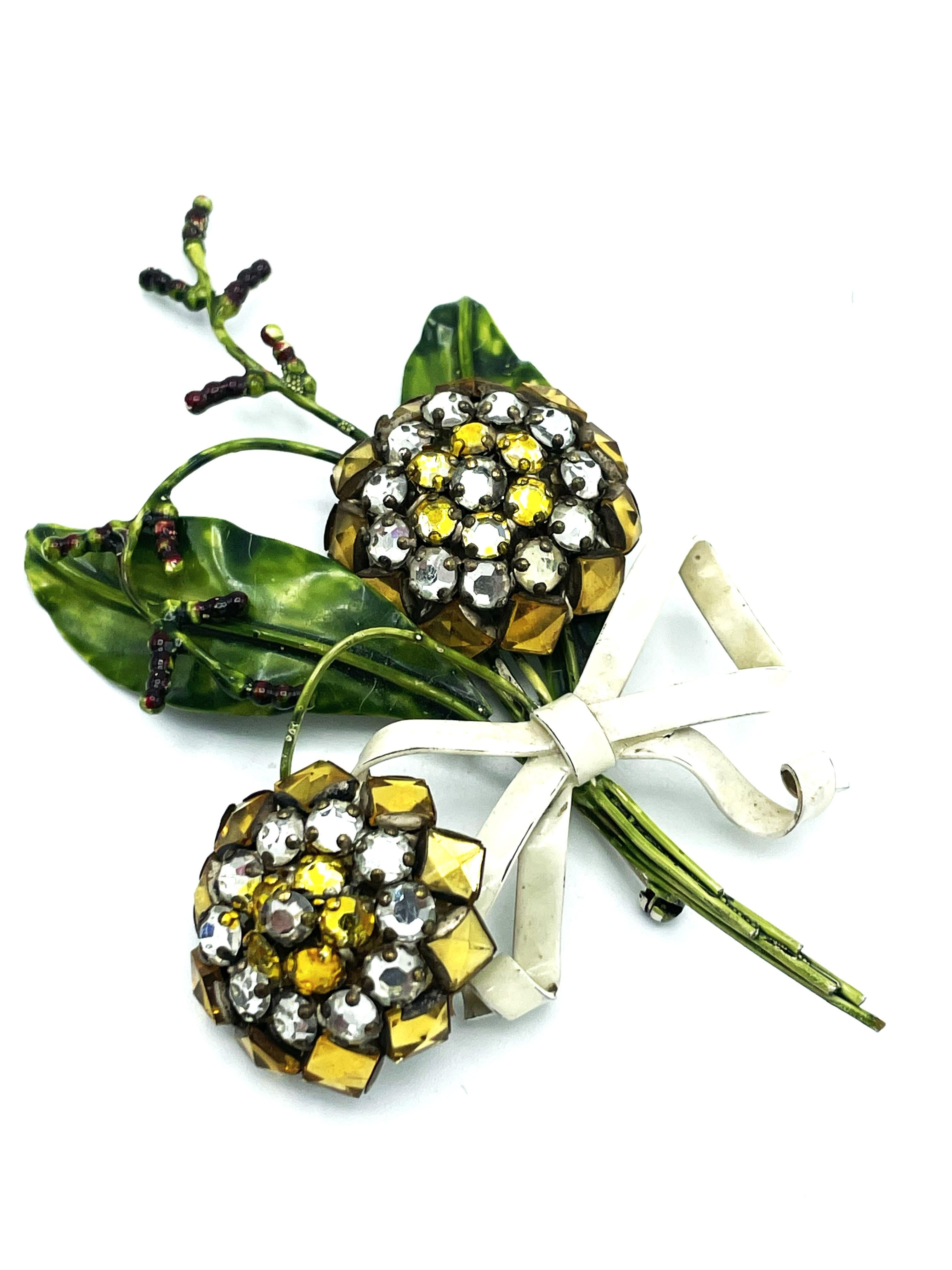 Romantic SANDOR BOUQUET BROOCH, sterling silver, enamal, crystal mid 1940 USA For Sale