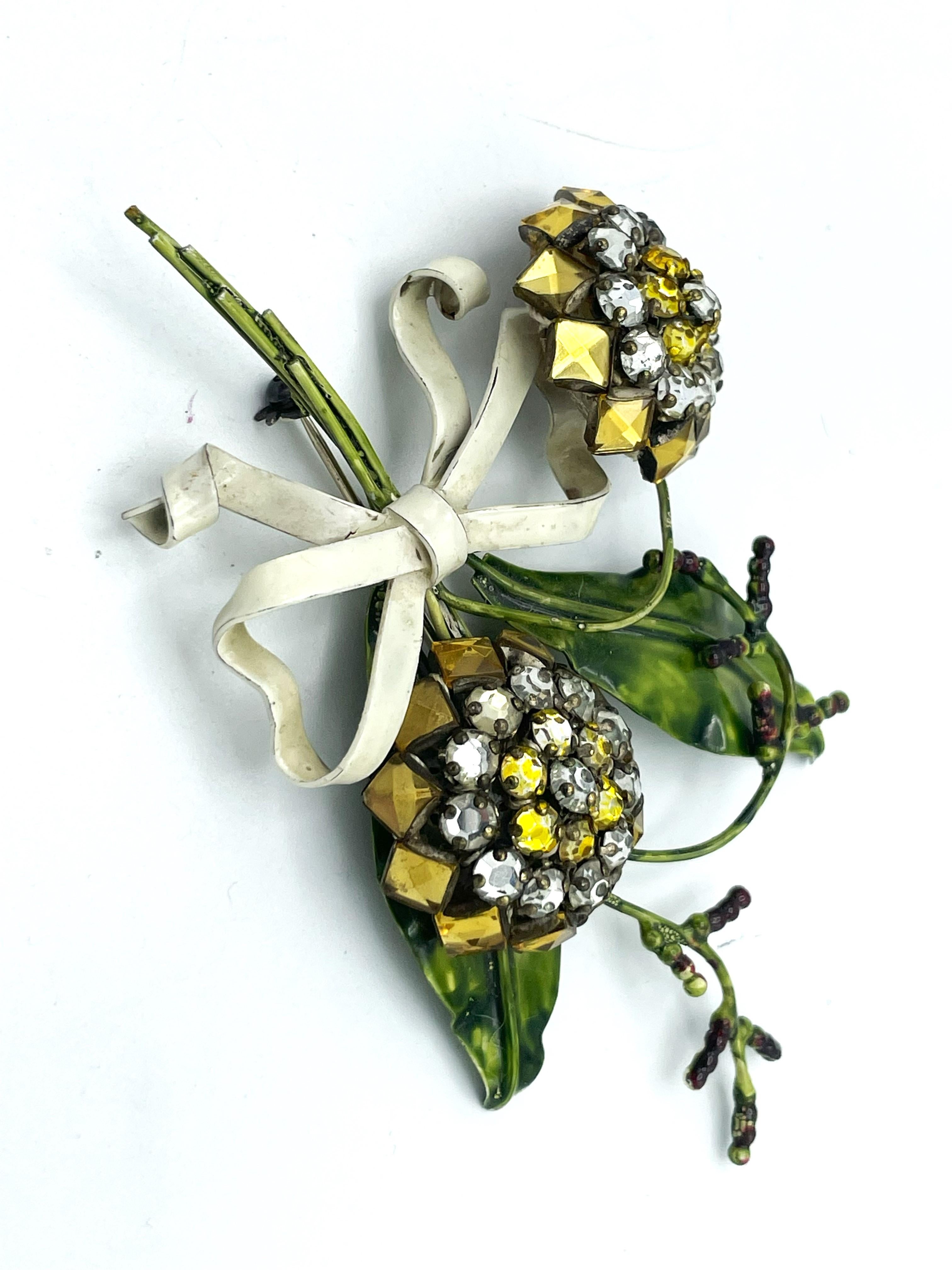 Mixed Cut SANDOR BOUQUET BROOCH, sterling silver, enamal, crystal mid 1940 USA For Sale