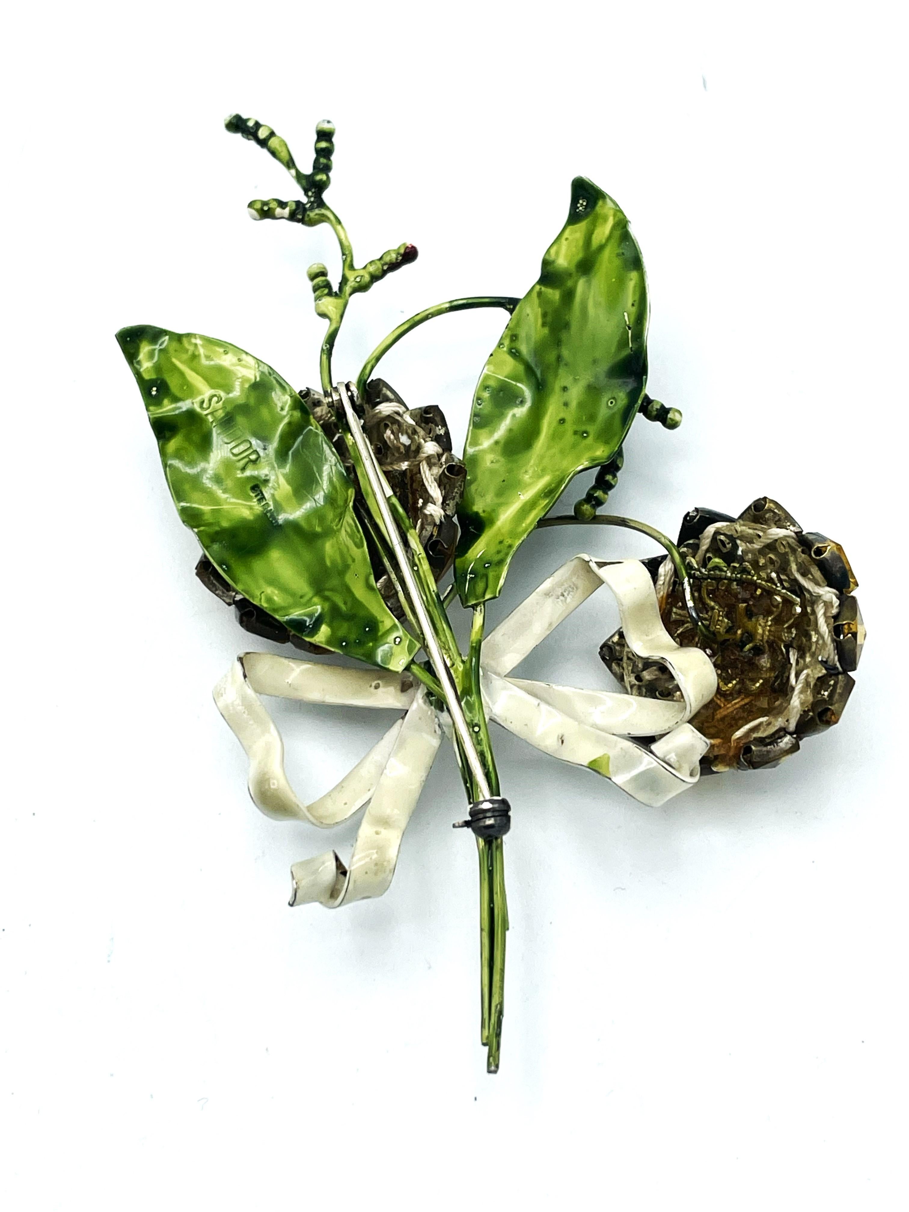 SANDOR BOUQUET BROOCH, sterling silver, enamal, crystal mid 1940 USA In Good Condition For Sale In Stuttgart, DE