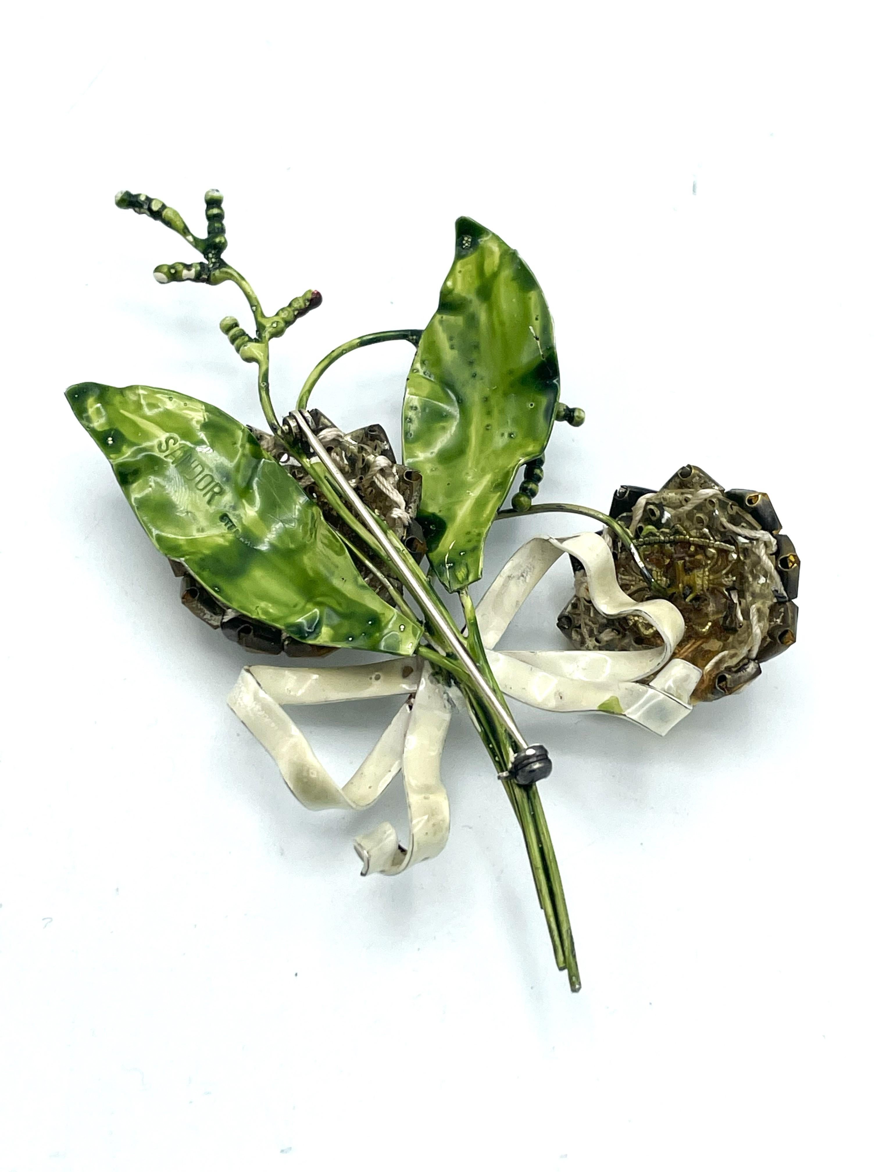 Women's SANDOR BOUQUET BROOCH, sterling silver, enamal, crystal mid 1940 USA For Sale