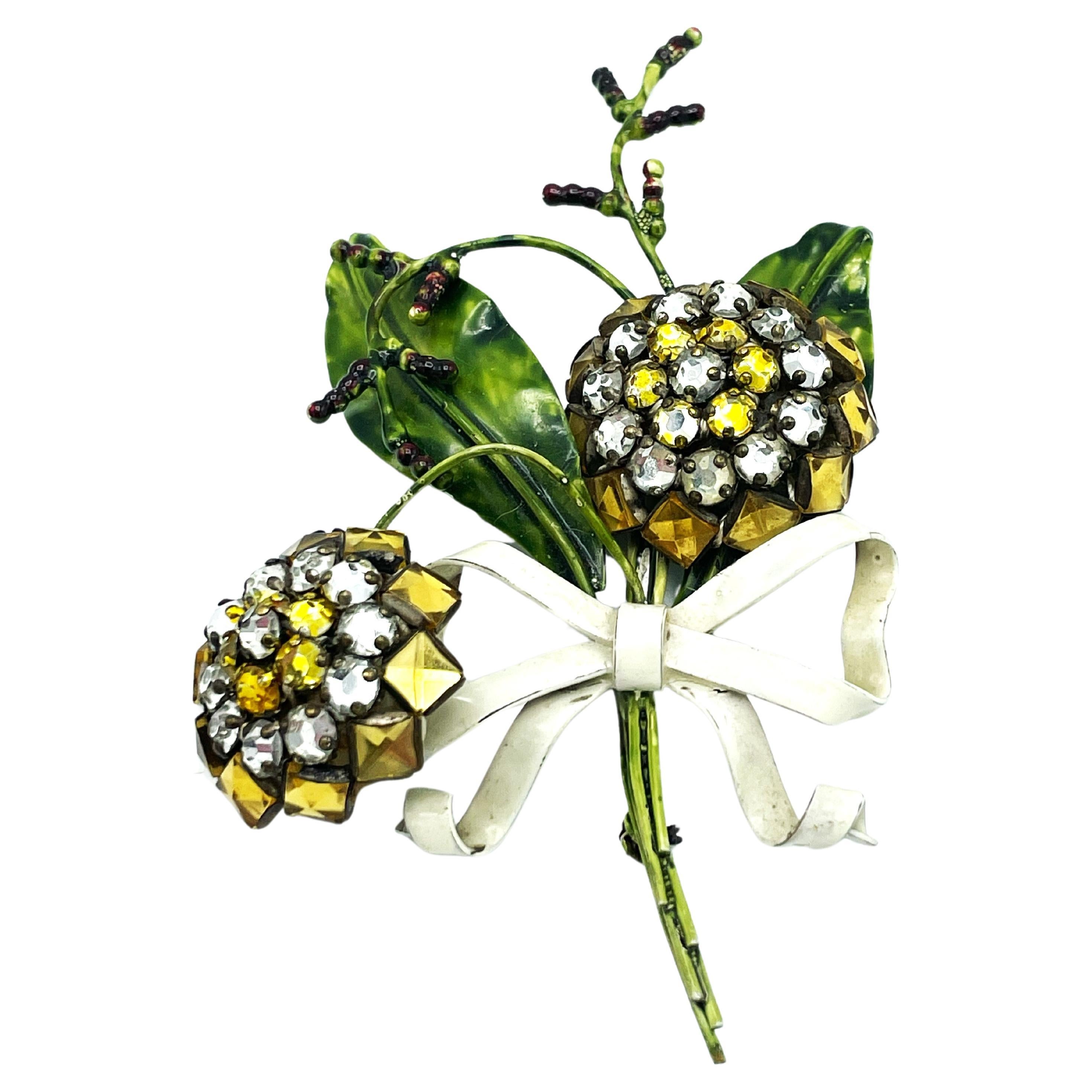 SANDOR BOUQUET BROOCH, sterling silver, enamal, crystal mid 1940 USA For Sale