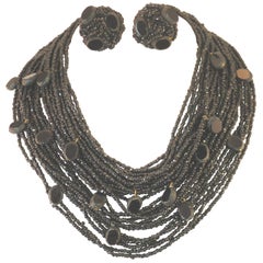 Sandor Mid-Century French Jet Glass Beaded Necklace & Earrings Set, 1940s