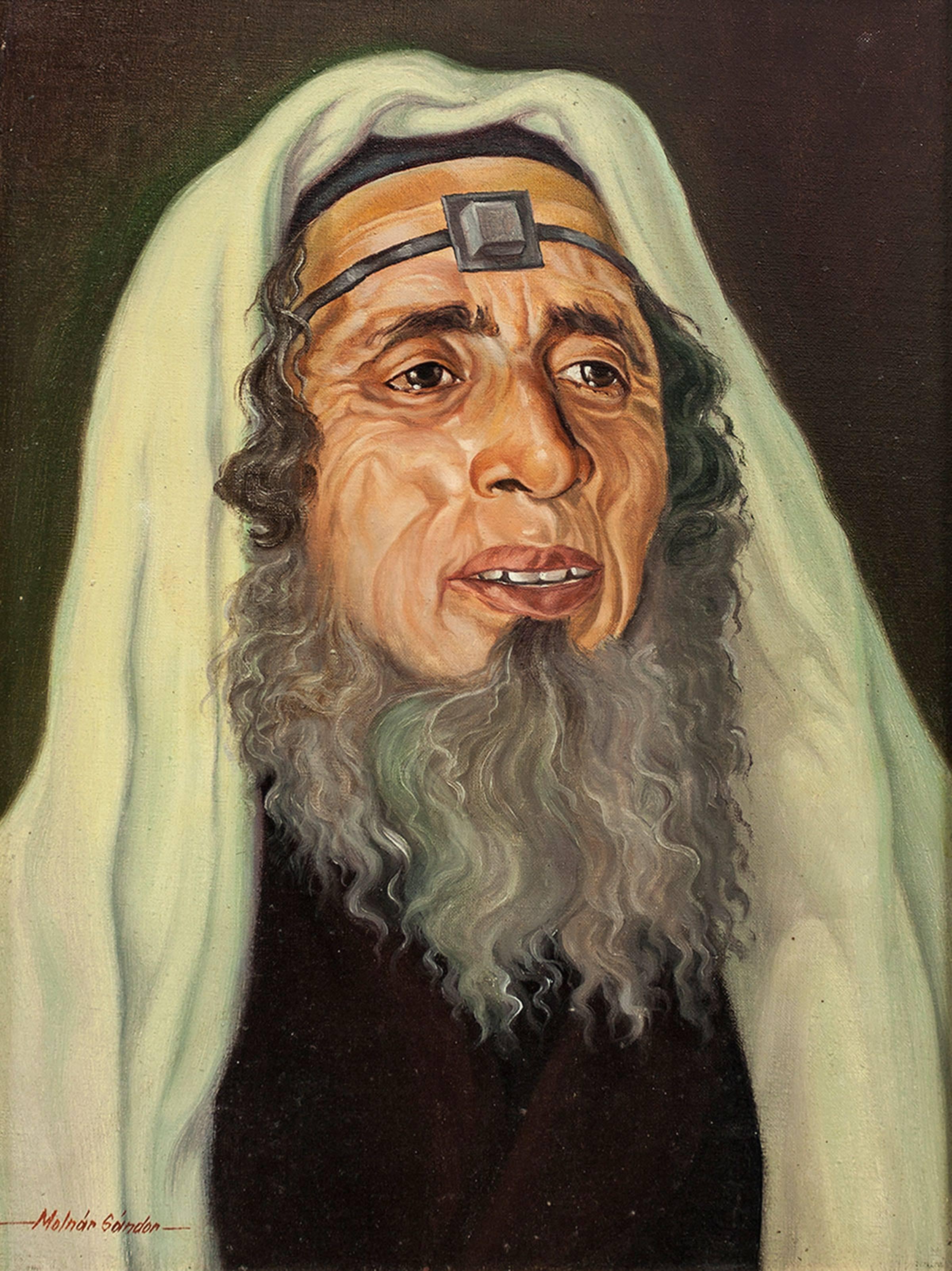 Rabbin avec Tefillin, Portrait Judaïque - Réalisme Painting par Sandor Molnar