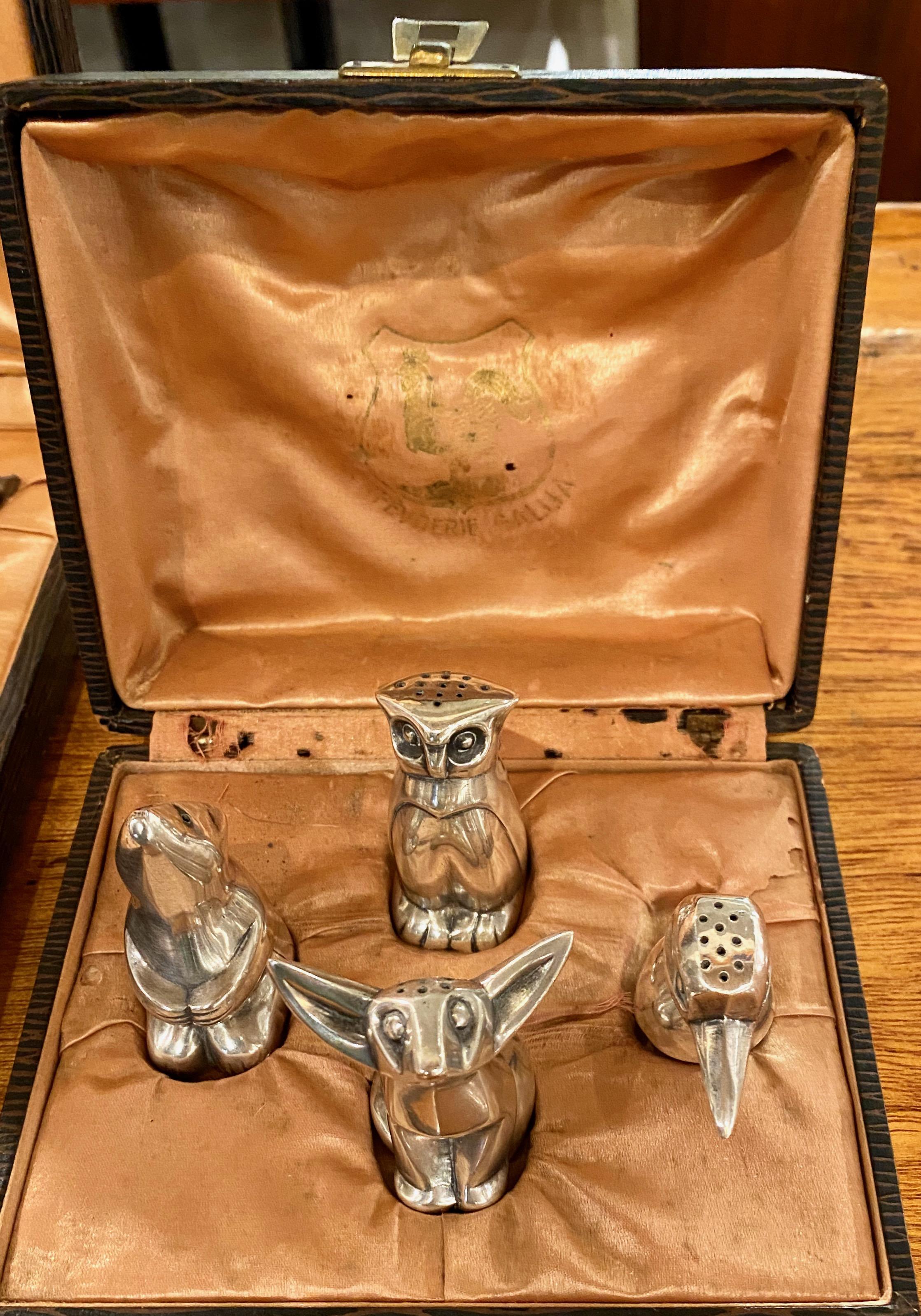 Art Deco Sandoz Animal Silver Knife Rests with Salt and Pepper Two Boxes for Christofle