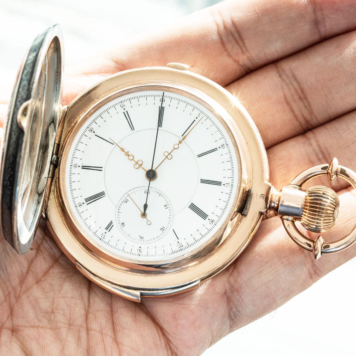 Sandoz Rare Niello Gold & Silver Five Minute Repeater Chrono Full Hunter C1890 In Good Condition For Sale In London, GB