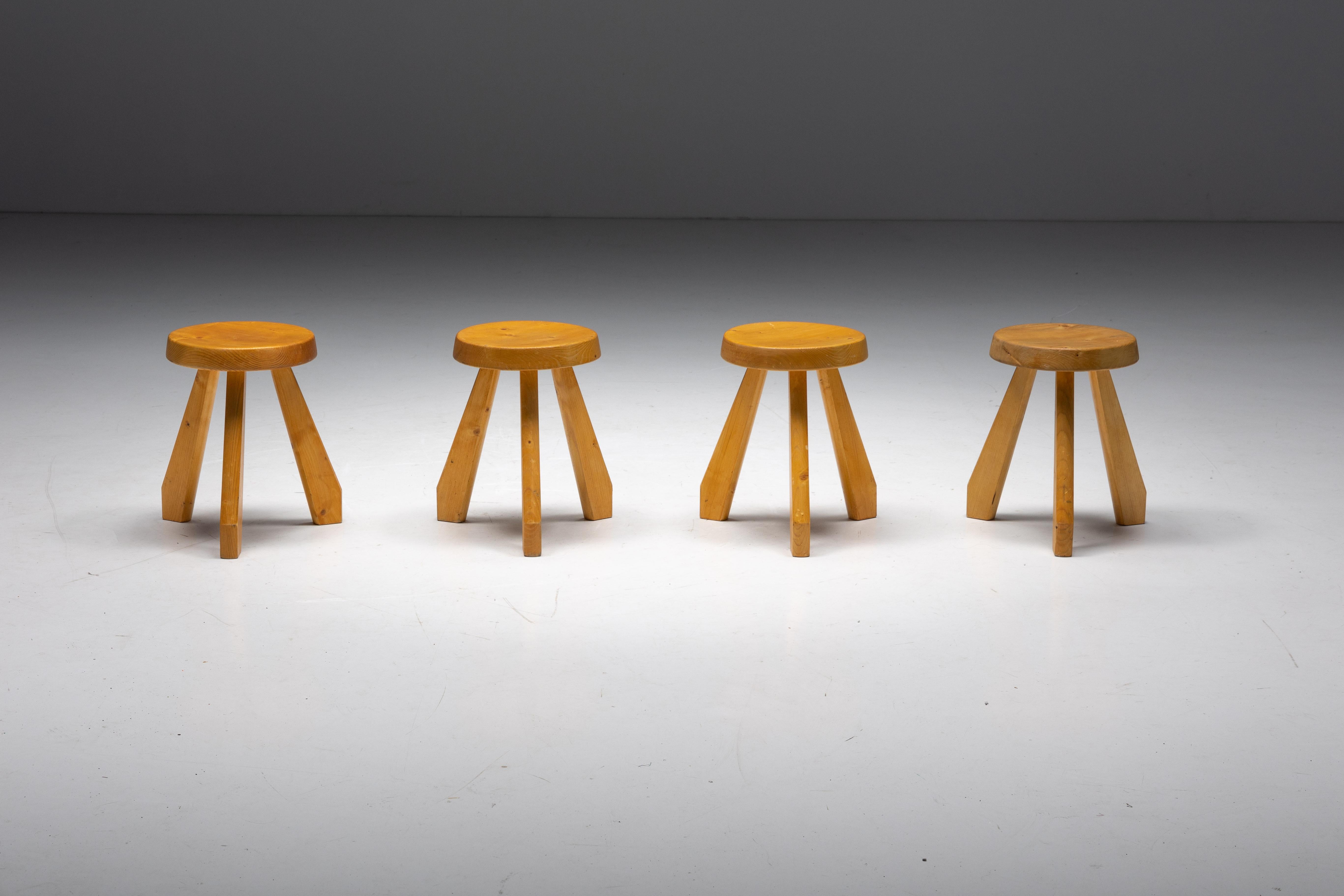 Charlotte Perriand; Mid-Century Modern; 1960s; 1950s; France; Sandoz; Méribel; Stools; Modernist; Pine; France; Les Arcs; Modernist Design;

Sandoz stools by Charlotte Perriand originally designed in 1955 for Perriand's own chalet in Méribel and
