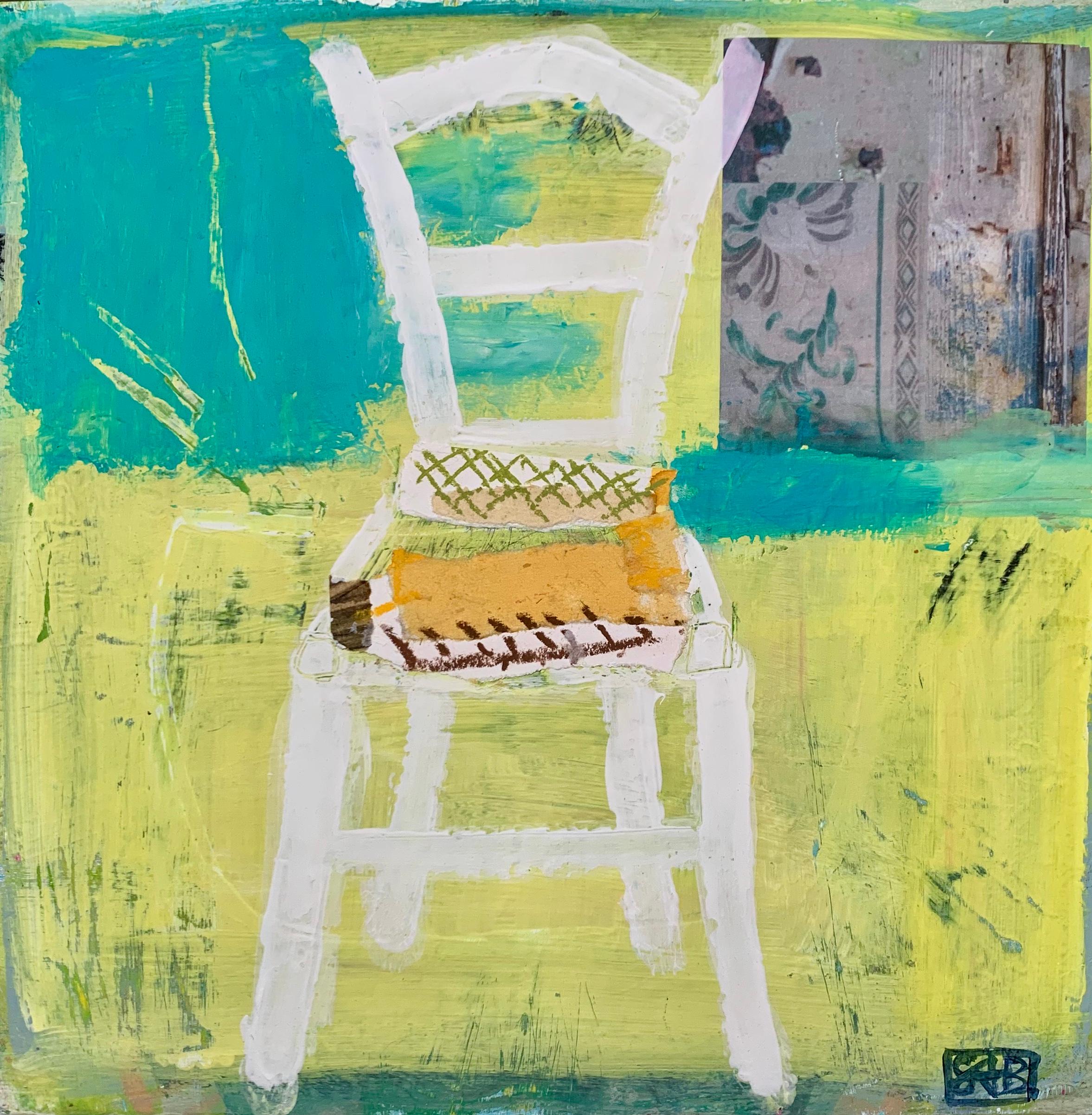 Sedia da taverna greca, Quadro originale, Paesaggio, Interno, Contemporaneo - Interior Painting Beige di Sandra Berti