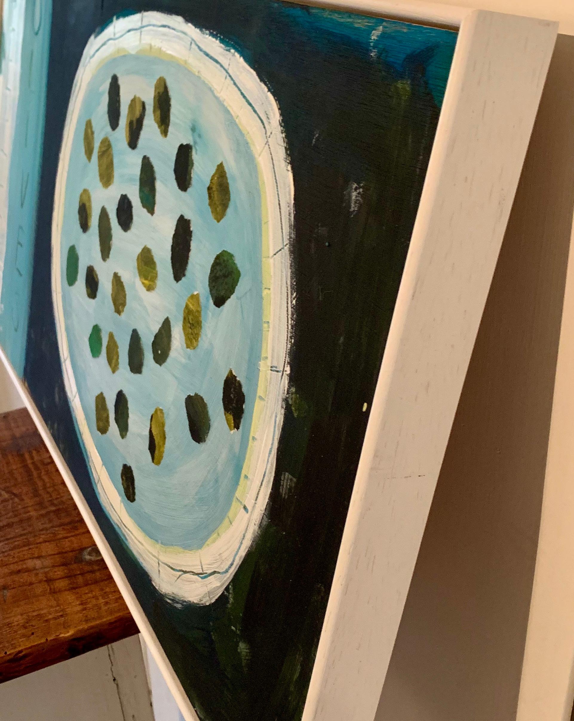 Aceitunas en un plato, Pintura original, Paisaje, Interior, Contemporáneo - Interior Painting Azul de Sandra Berti