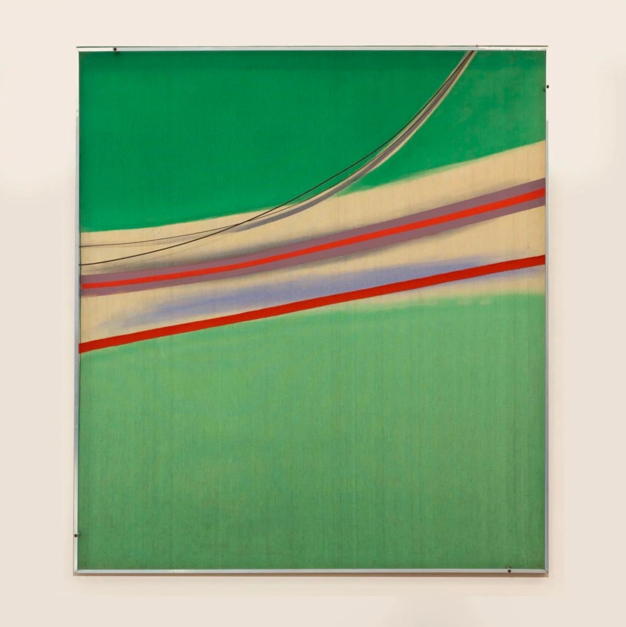 Grüne Projektion, 1971 - Arbeit auf Papier, Britische Abstraktion - Sandra Blow
Signiert und datiert auf Leinwand Überlappung auf der Rückseite
Acryl auf Leinwand, mit Aluminiumkonstruktion
54 x 48 Zoll

Sandra Blow RA (1925-2006) leistete mit ihren
