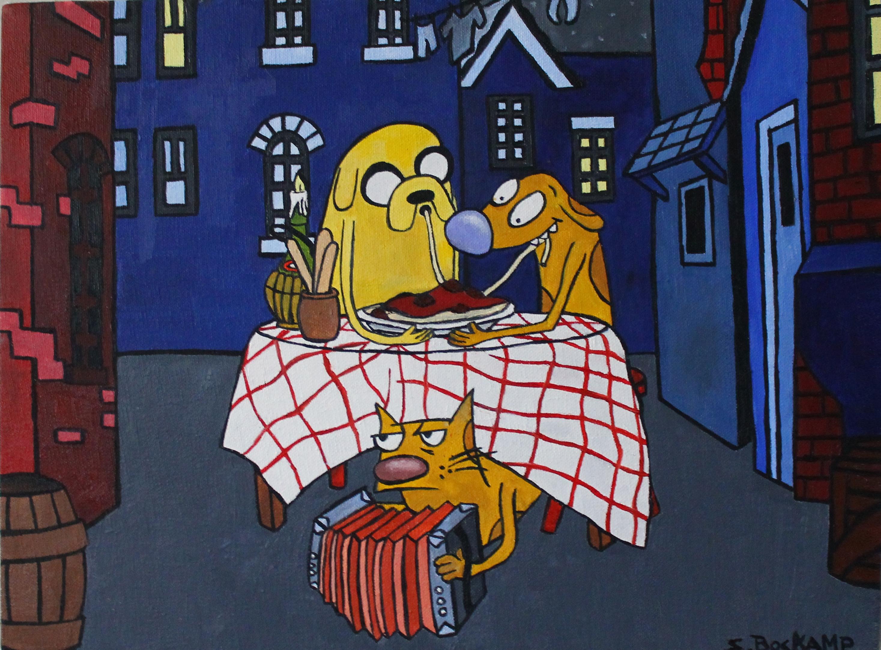 Jake e il cane gatto che mangiano gli spaghetti, Pittura, Olio su tela - Painting di Sandra Boskamp