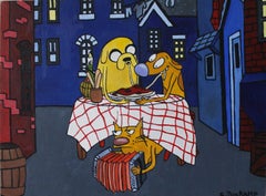 Jake und Katzendogge, Spaghetti essen, Gemälde, Öl auf Leinwand