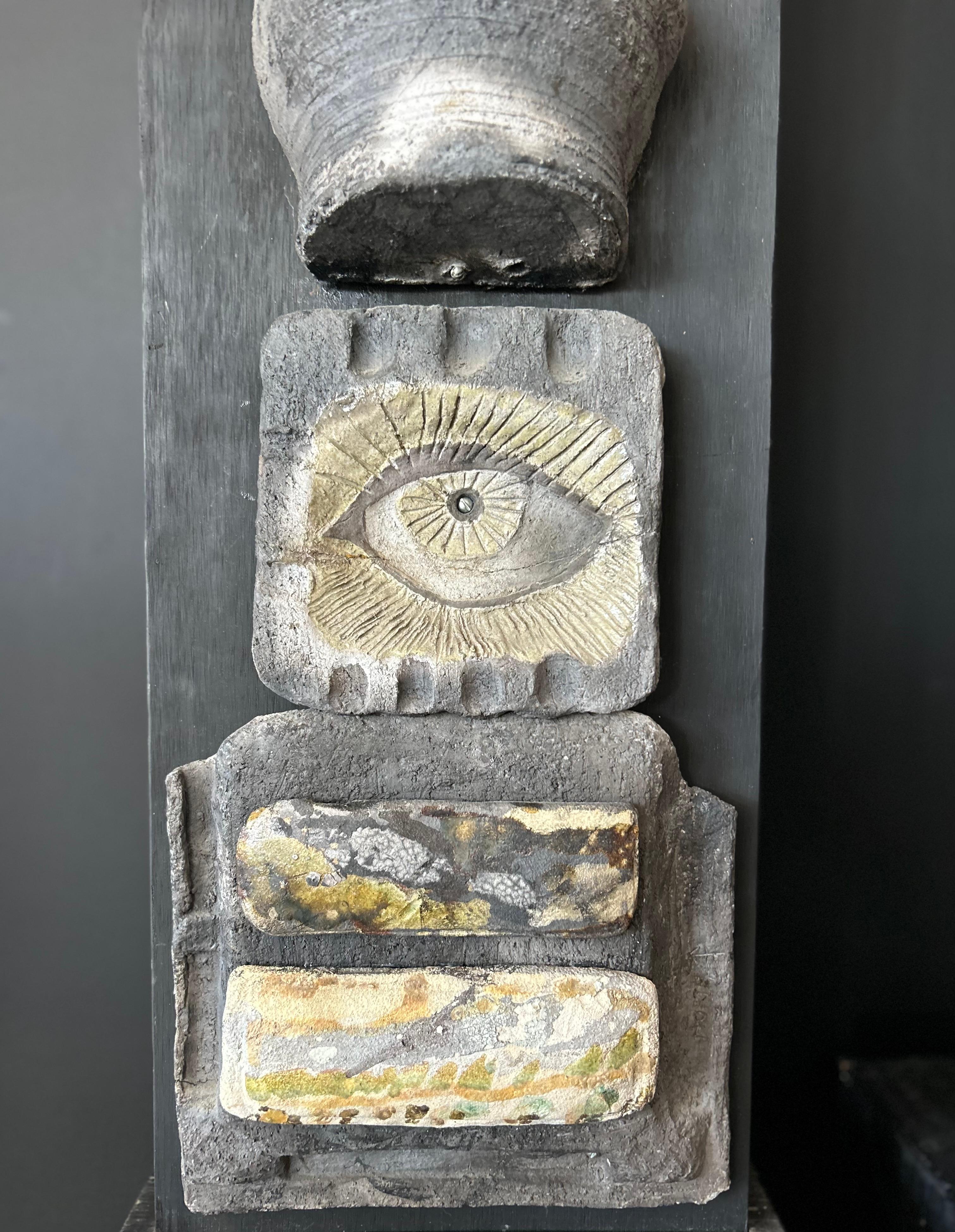 Mid-20th Century Totem in Ceramic on Wood by Sandra Brown North, 1950's For Sale