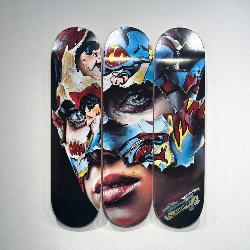 Galerie C.O.A. x Sandra Chevrier

La Cage et le parfum de la fuite is one of two skateboard triptychs Sandra Chevrier released through Galerie C.O.A. in Montréal in 2017. Both editions were limited to 100 sets worldwide and sold out within hours of
