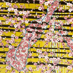 “Neither was Lying…”, Woman, Flower, Stripe, Yellow, Pink, Brown, Mixed Media