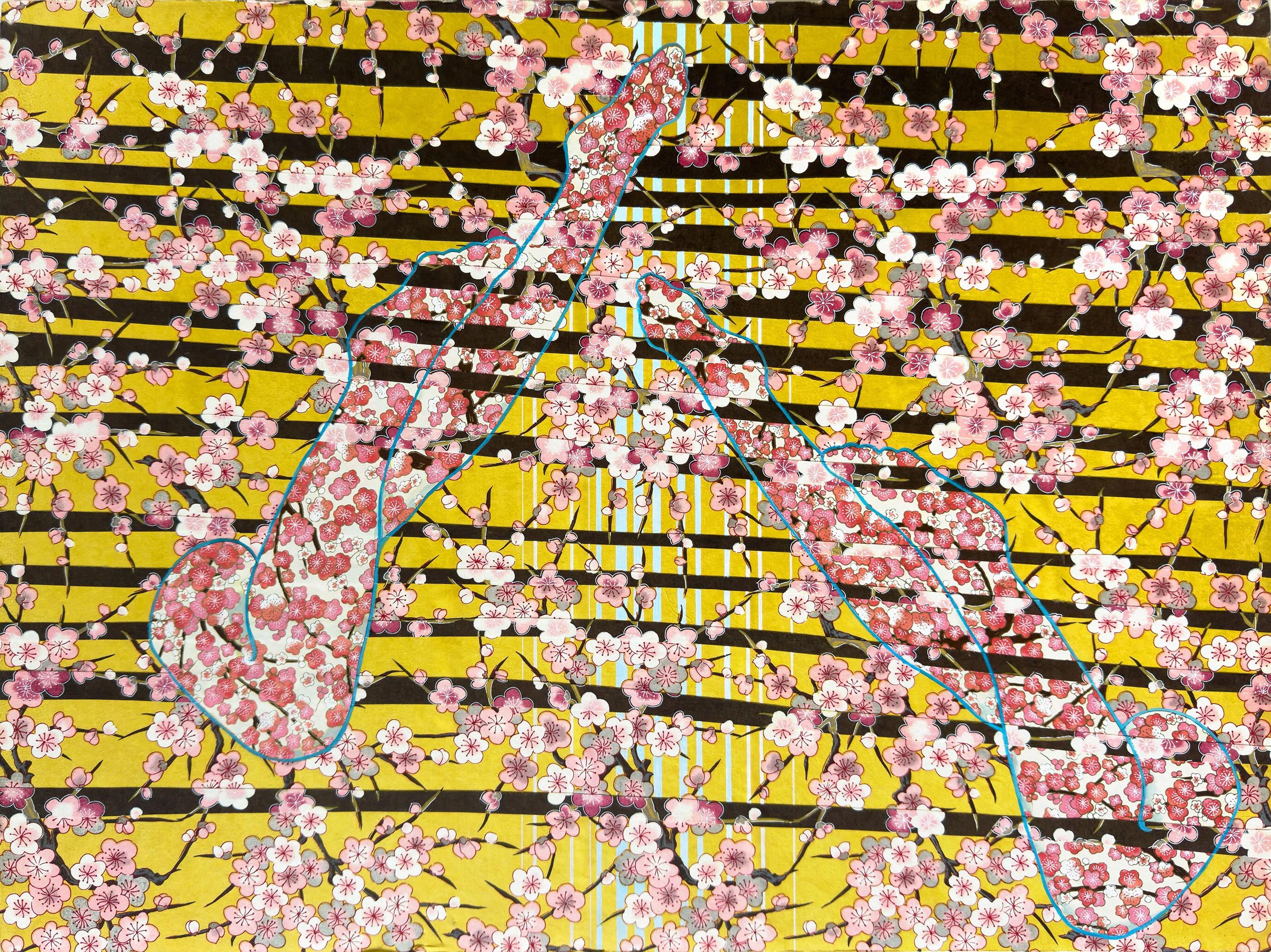 "Neither was Lying...", Frau, Blume, Streifen, Gelb, Rosa, Braun, Mixed Media – Mixed Media Art von Sandra Cohen
