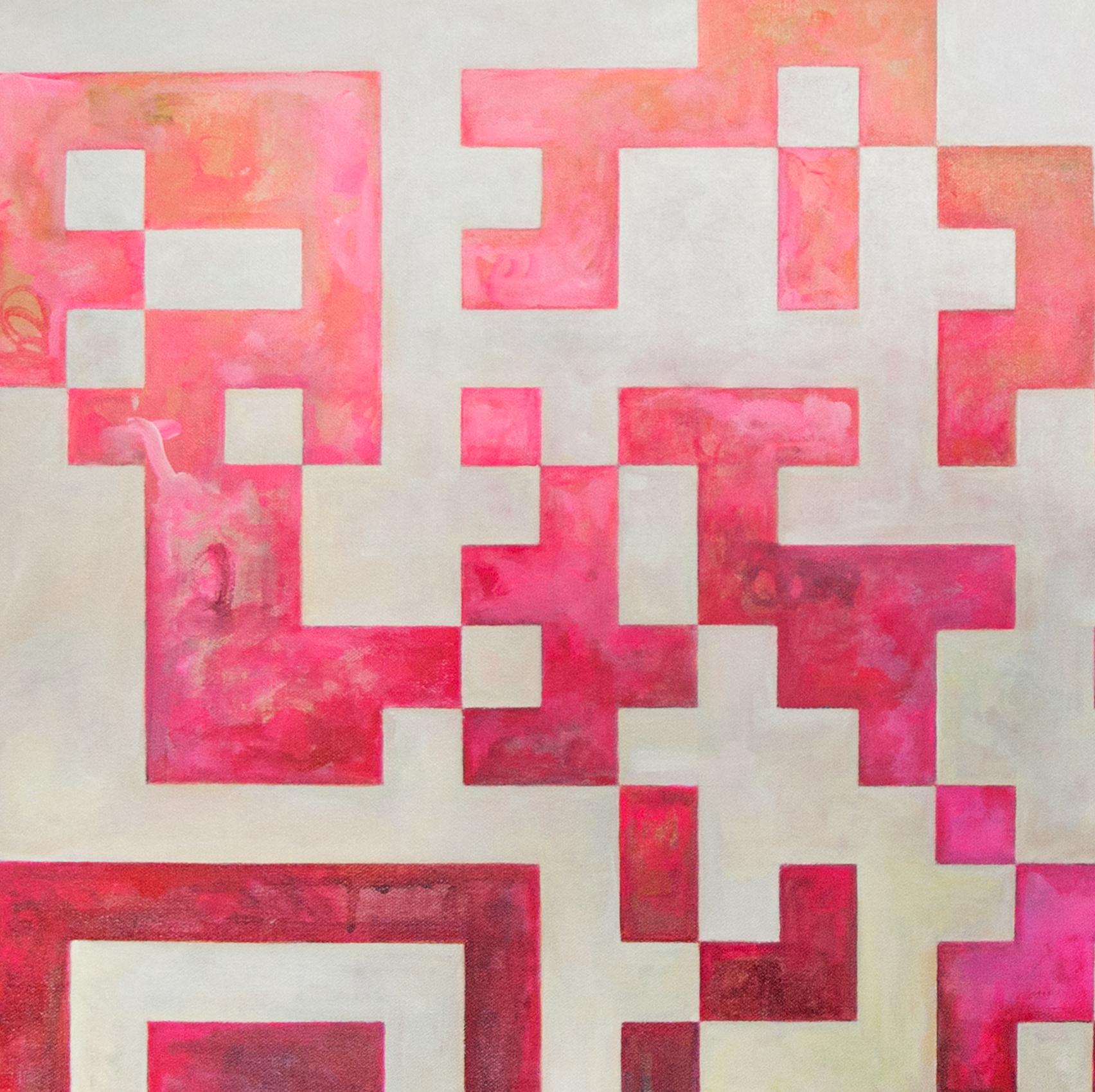 Sandra Cohen’s “agnosticism” is a 30 x 30 x 1 inch abstract acrylic painting on canvas, in hot colors of pinks, reds, and oranges with a variable white background. The hard edged geometric squares that make up the QR code signifying “unconditional